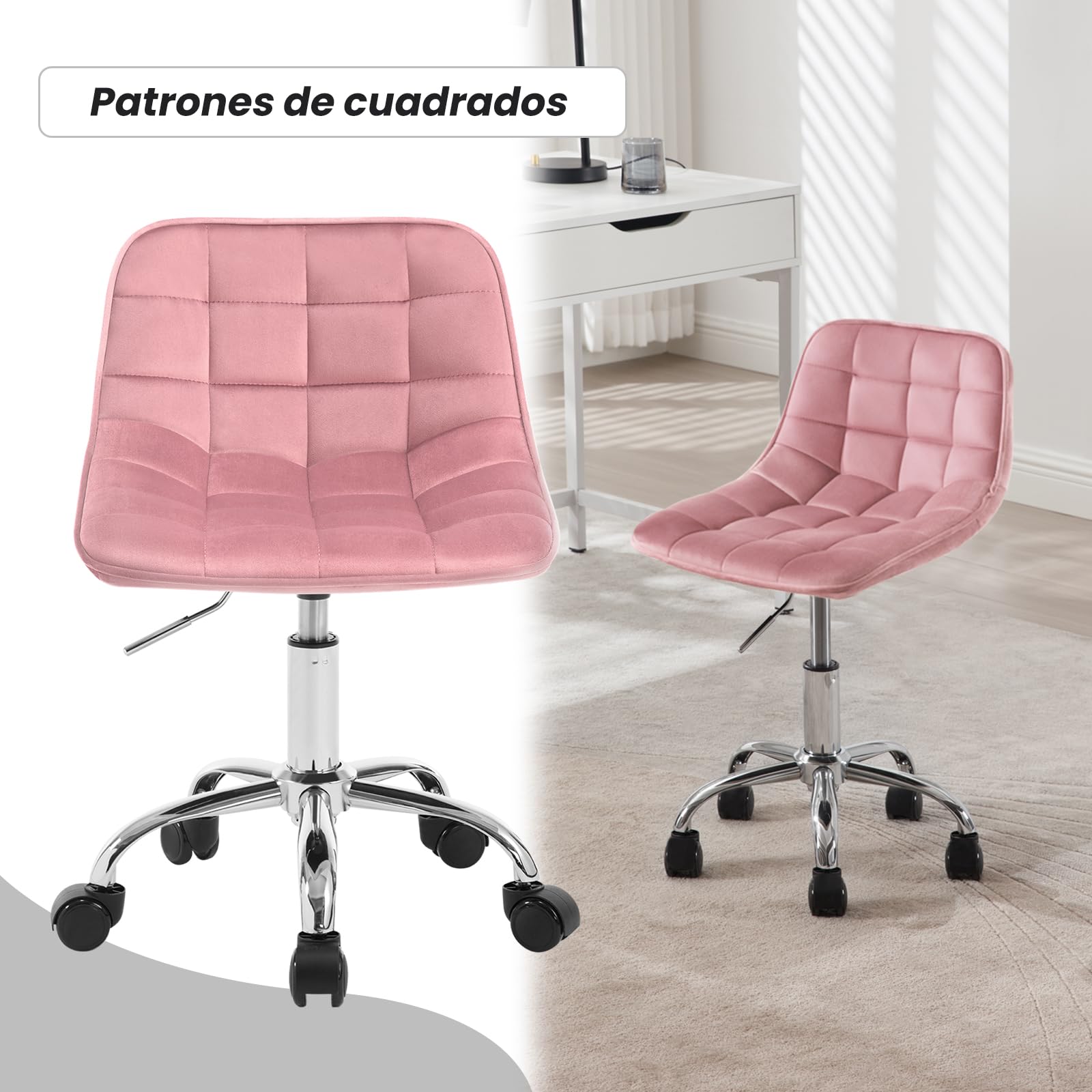 WOLTU Silla de Oficina, Taburete Tocador Giratorio, Silla Ergonómica Escritorio con Respaldo, Taburete Bajo con Asiento Ajustable de Altura, Asiento Tapizado en Terciopelo, Rosa