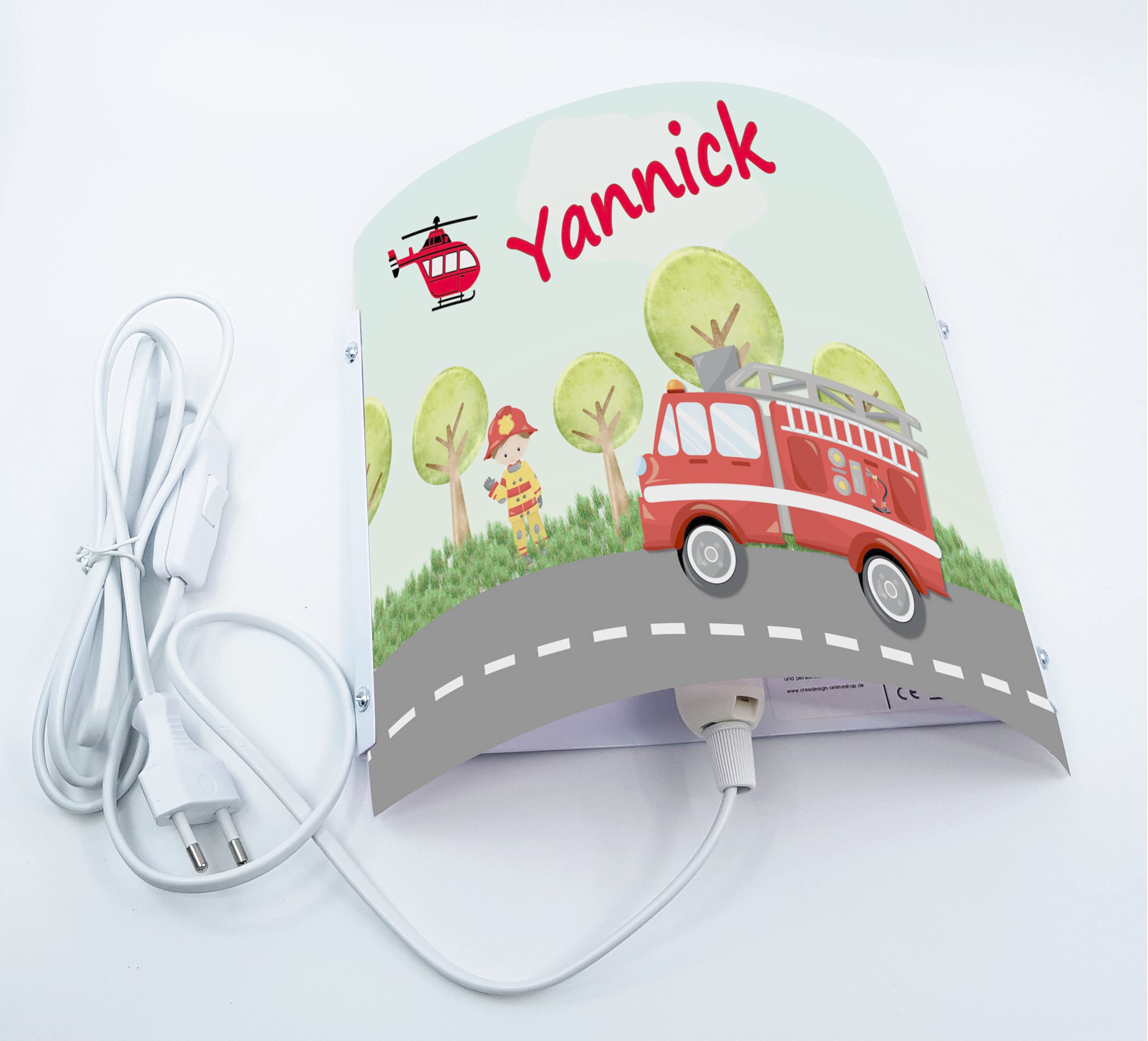 WA-1009, Feuerwehr, Kinderzimmer Wandlampe personalisiert mit Namen, Nachtlicht/Schlummerlicht für Steckdose, E14, 22 x 22,5 x 8,5 cm