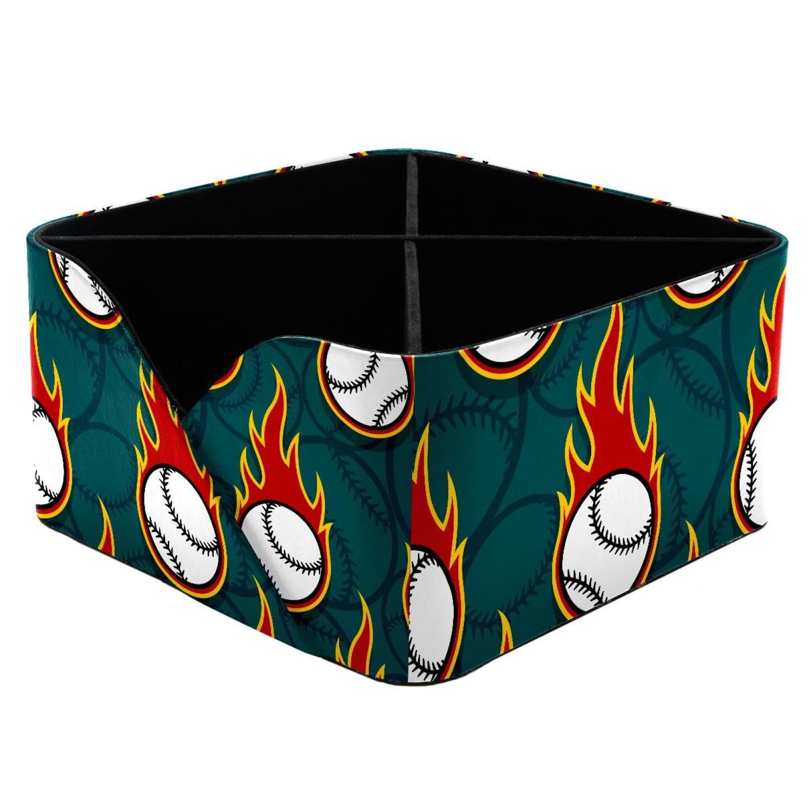 KengjuTesu Baseball Sport Ball Fire Pattern Desktop Organizer Pen Holder, Rectangular Pencil Cup for Office, Study and Makeup Stations