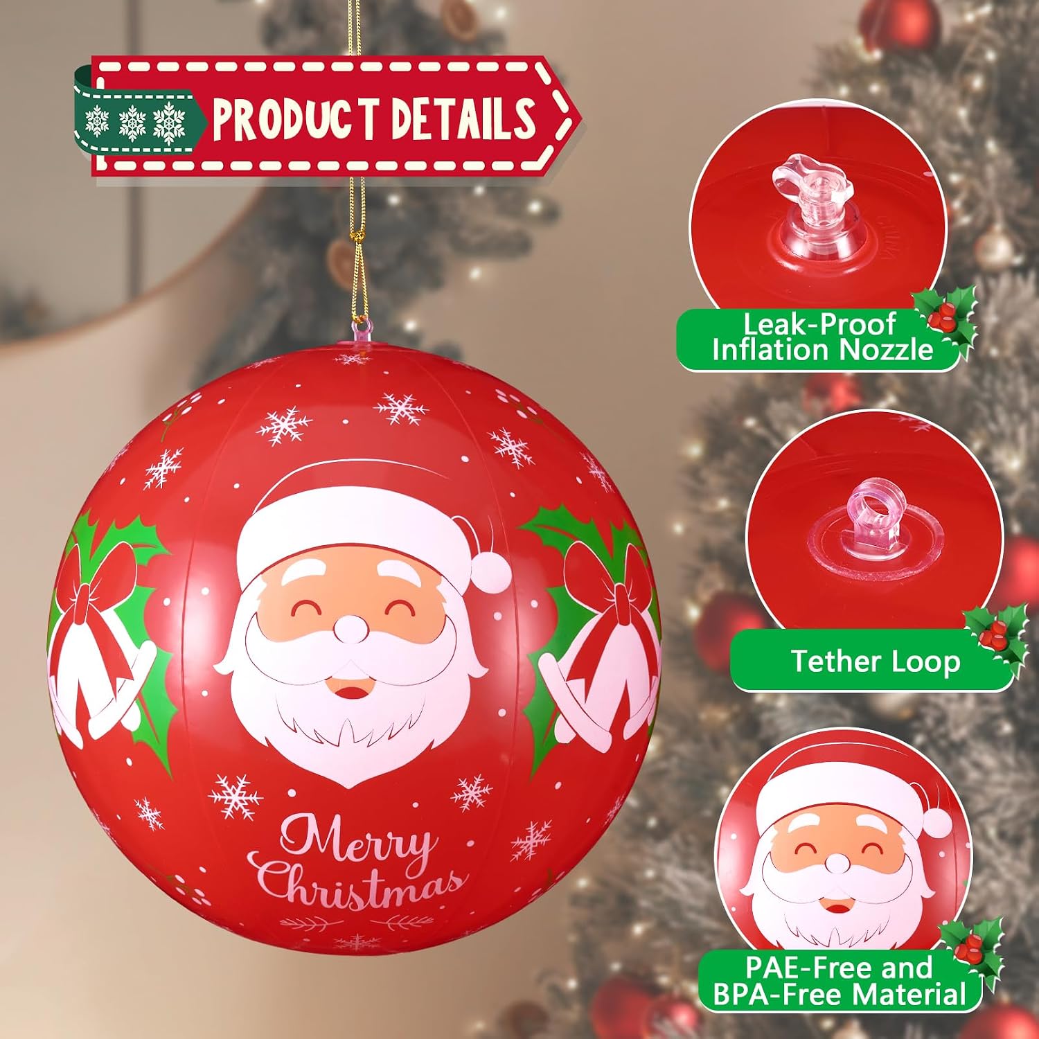 WERNNSAI 8 Pcs 12" Inflatable Christmas Ball Decoration Large PVC Decorated Ball with Golden Ropes Blow Up Christmas Inflatables Ornaments Outdoor Holiday Yard Tree Decorations for Xmas/New Year