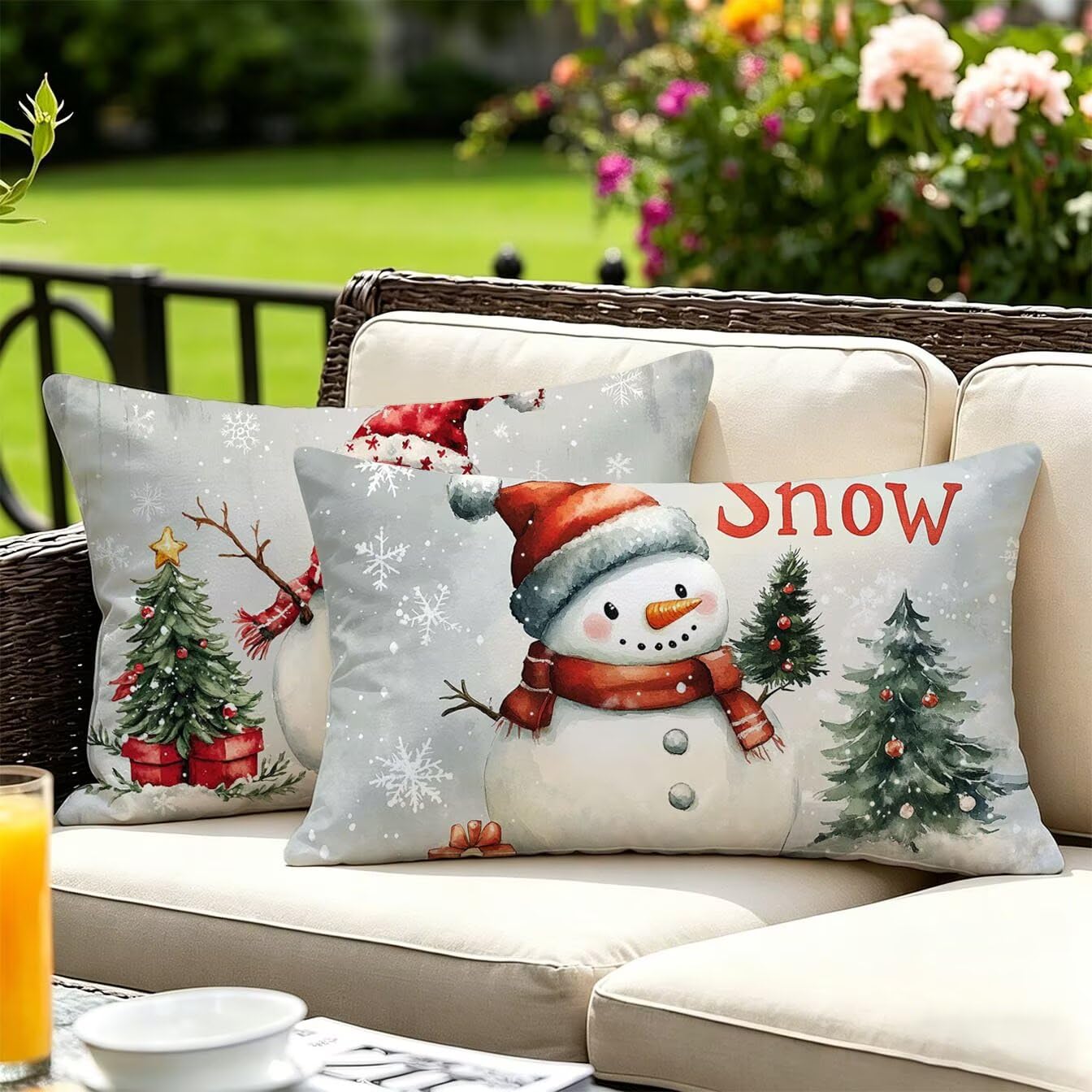 Outdoor Kissen 60x90 2er Set Schnee Menschen Outdoor Kissen Wetterfest Leinen Sofakissen Kissenbezüge grau Gartenkissen Kissenhüllen, Gartendeko für Draußen Wetterfest, Balkon Deko, Sommer Deko x-910