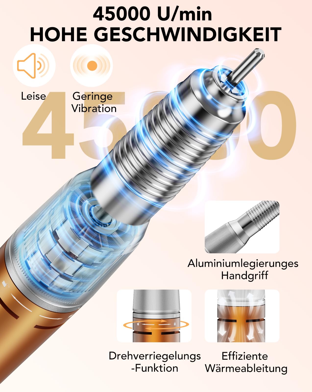 HOMEASY Nagelfräser 45000 U/M Professionell Fräser Nägel Elektrische Nagelfeile für Gelnägel mit Fußpedal 45 Getriebestufen LCD Anzeige F/R Drehrichtung Pause Funktion Salon Zuhause Orange