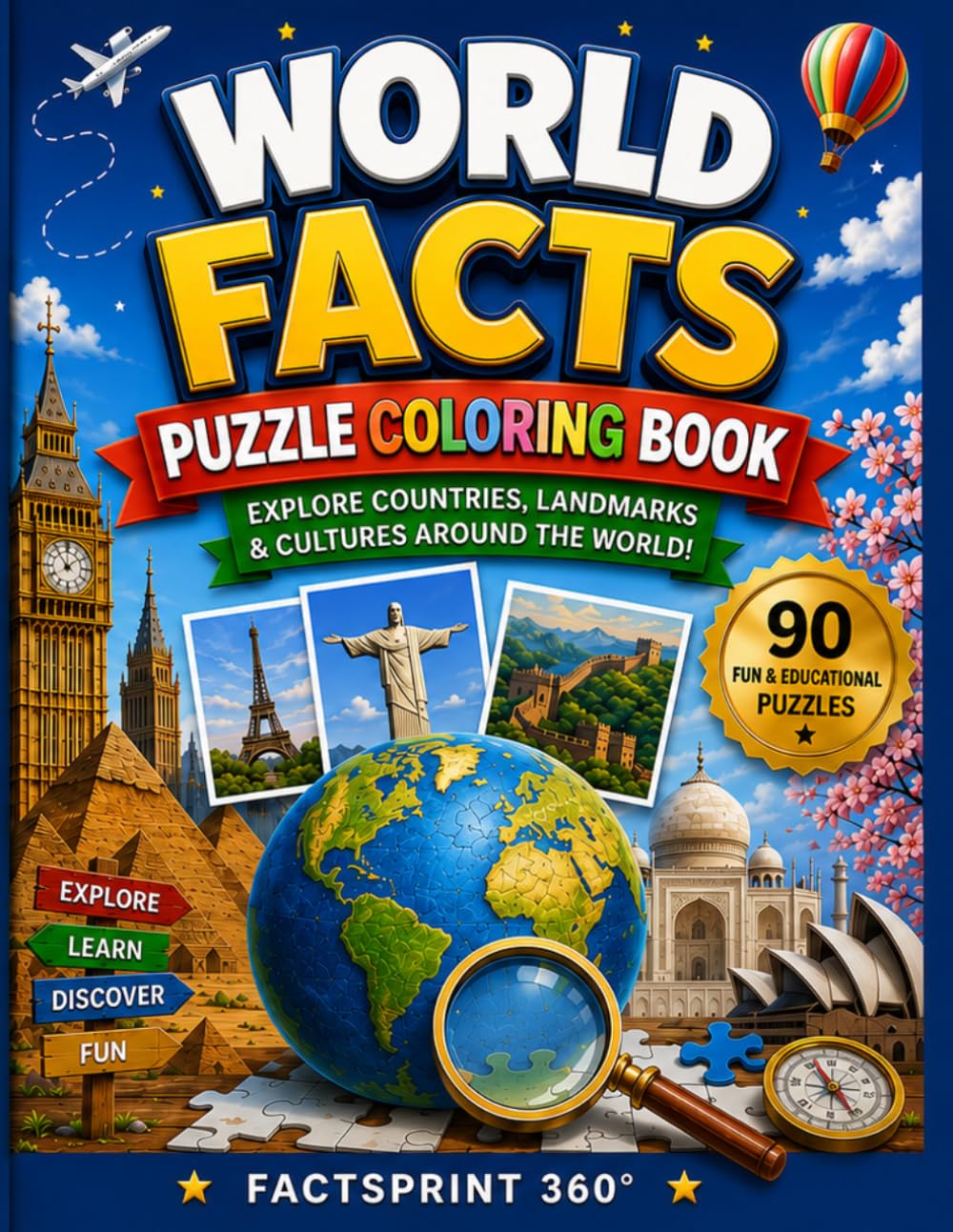 World Facts Puzzle Coloring Book: Amazing Countries Flags Landmarks Maps Activities Coloring And Brain Games For Curious Kids