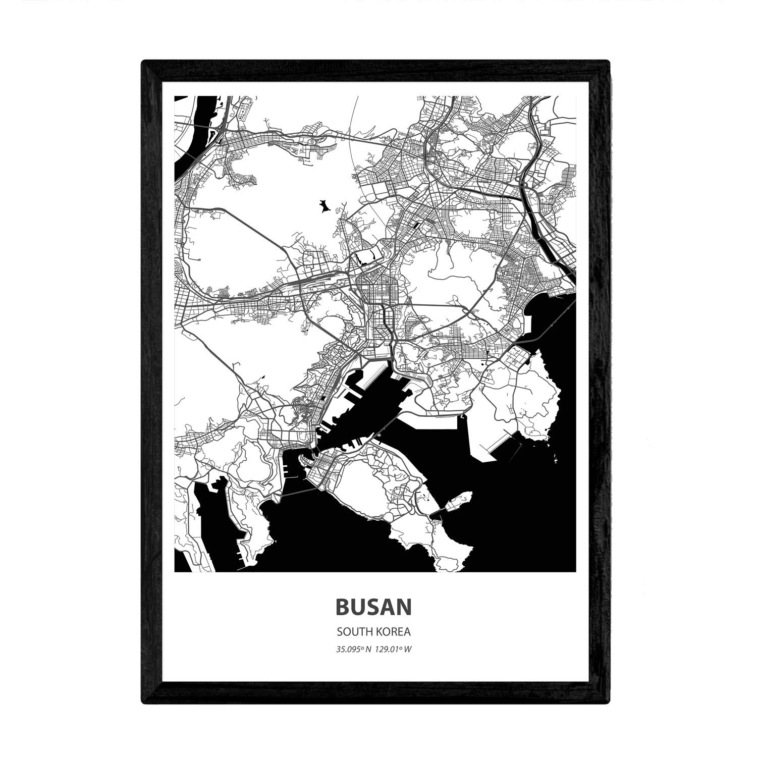 Nacnic Poster with map of Busan - South Korea. Asian cities sheets with seas and rivers in black color. A4 size