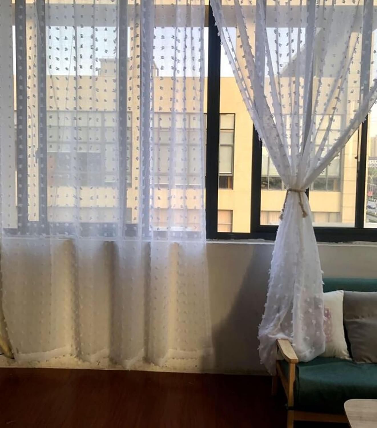 Daesar Voile Curtains 2 Panels Set 96 Inch Length, Hooks Tulle Curtains Solid Color with Pom Pom Tufted Floral Window Voile Panels/Drapes/Treatment for Bedroom Living Room, 40x96 Inch White