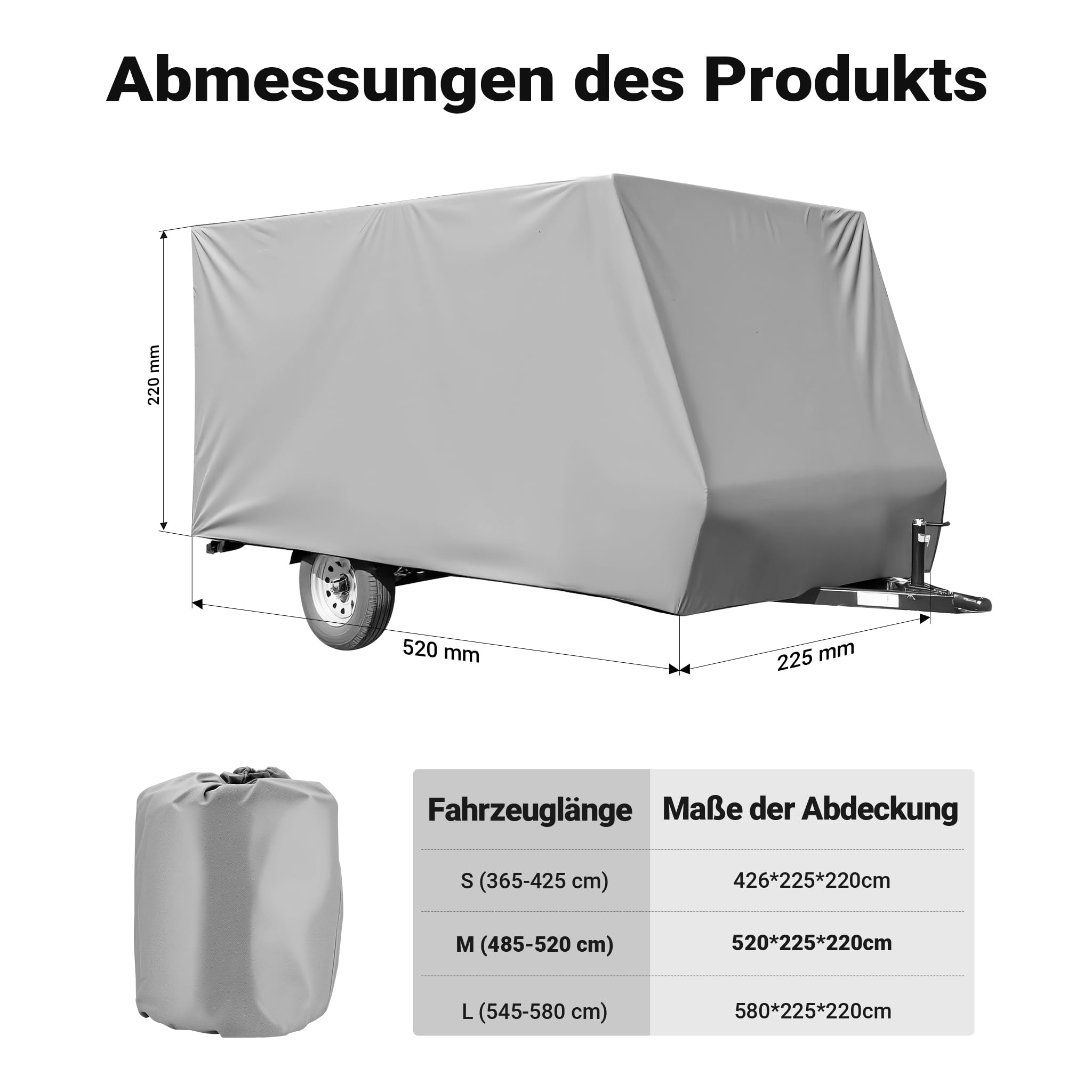 Wiltec Wohnwagen Schutzhülle Größe M 520 x 225 x 220 cm Plane, Abdeckplane für Caravan und Wohnmobil, Wohnwagenplane aus PP, Schutzhaube Abdeckung