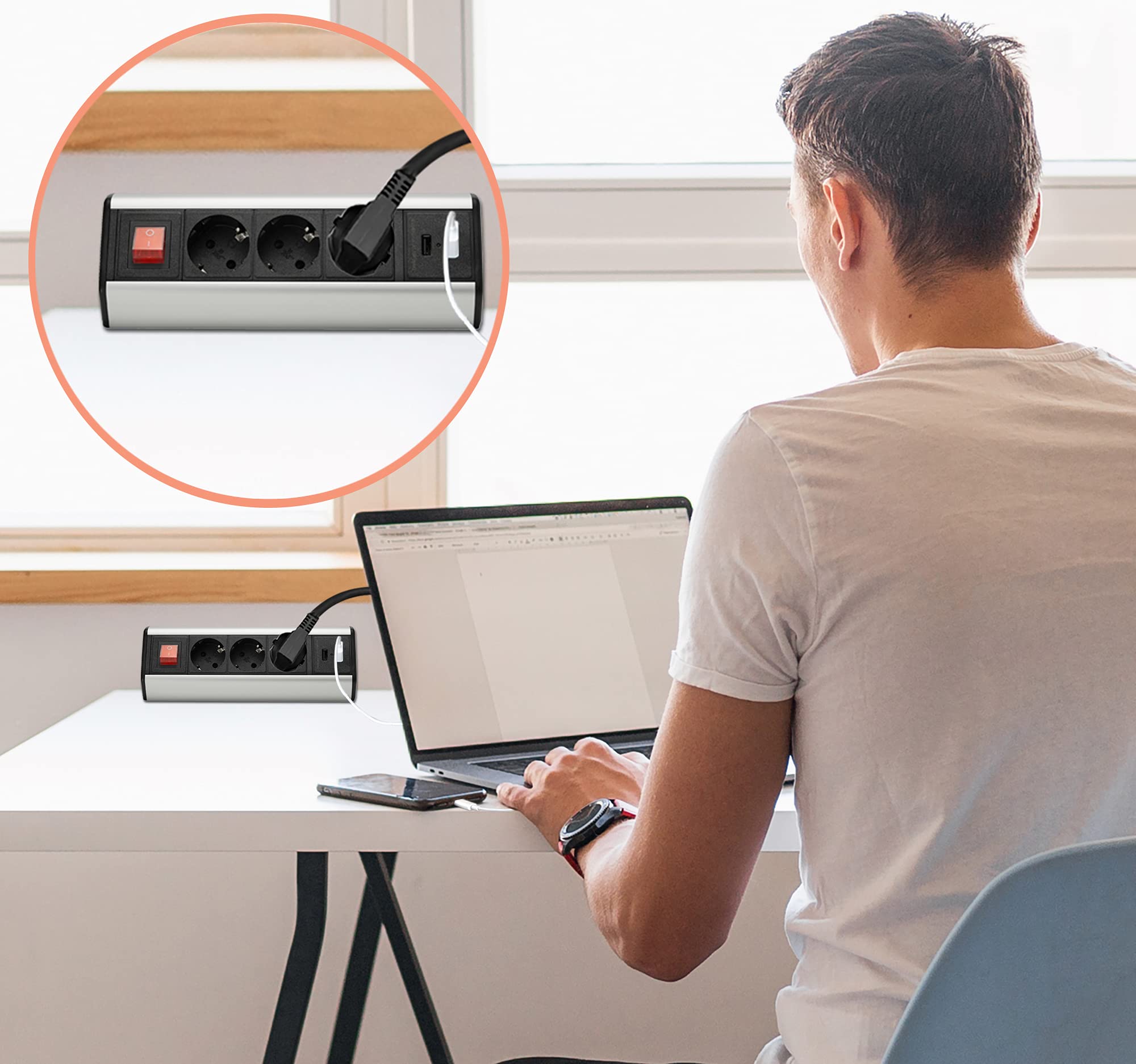 Mehrfach-Steckdose 3-fach & 2x USB mit 2M Kabel - Steckdosenleiste schaltbar als Schreib-Tischsteckdose und Steckdosenverteiler - Steckerleiste für Küche Büro Möbel mit einfacher Montage mit Schalter