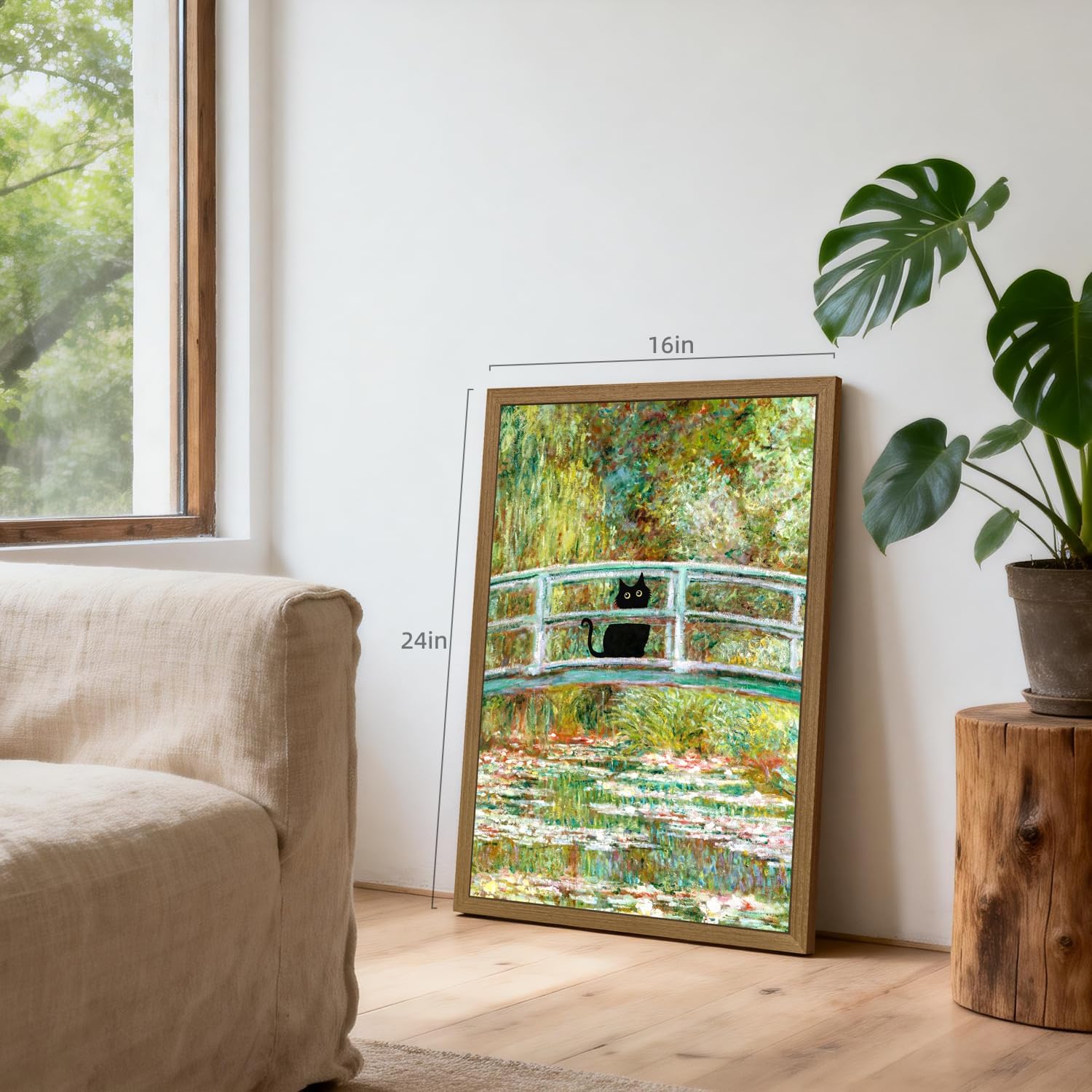 PORENY Funny Cat Monet Bridge Wall Art, Whimsical Black Cat Bathroom Decor, Impressionist Water Lilies Pond Poster Print, Vintage Monet Artwork for Bedroom Living Room Wood Framed 12x16 Inch