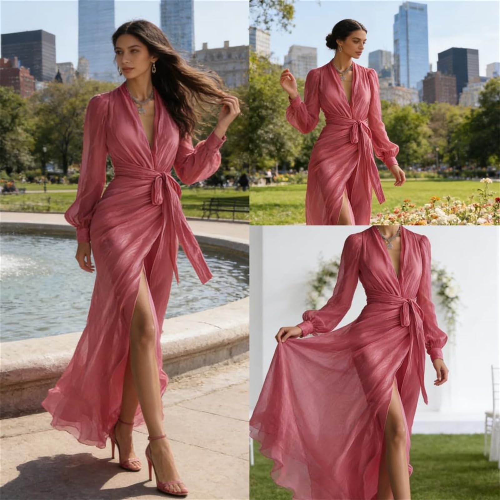 Generico Abito Lungo Elegante da Donna in Chiffon Rosa Perlato, Scollo a V, Cintura in Vita, Modello Bodycon con Arricciature e Orlo a Balze (Rose Red,XL)