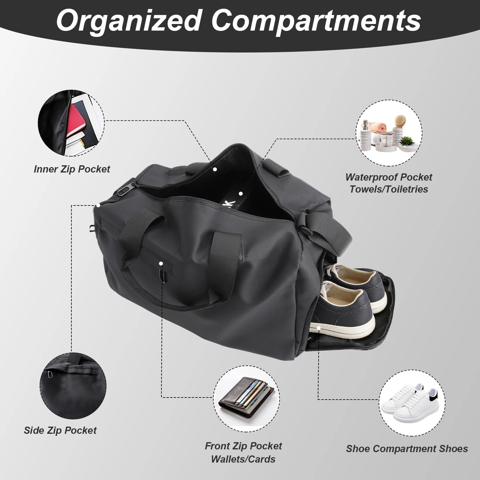 Bolsa de deporte unisex con compartimento húmedo y seco, compartimento para zapatos y múltiples bolsillos, incluye mosquetón blanco, para gimnasio, viajes, natación, color negro