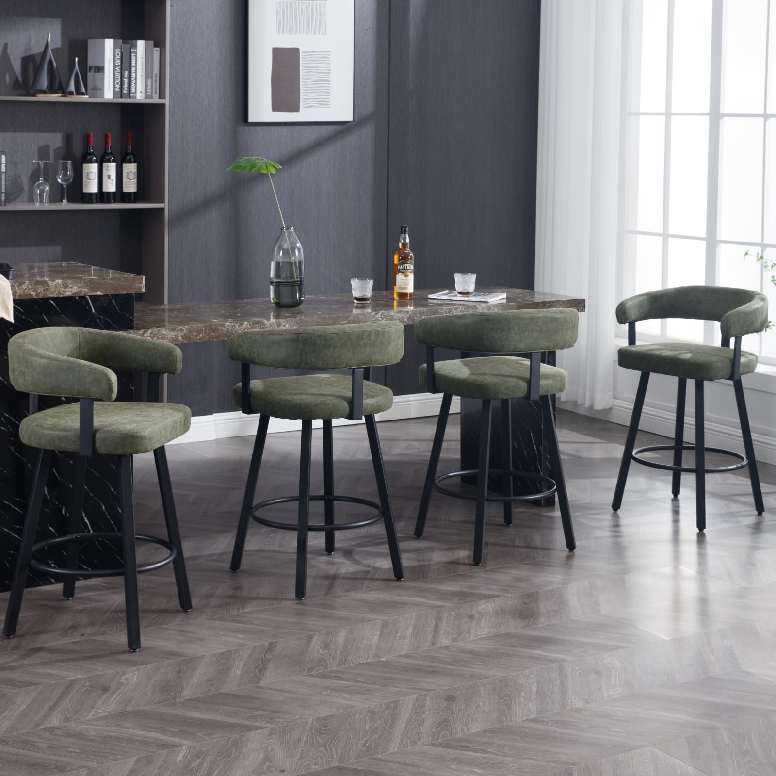 DUOMAY PU Leather Counter Stools Set of 4, 25.5" Seat Height Low Barstools with Metal Legs Modern Curved Open Backrest Kitchen Dining Stools, Green