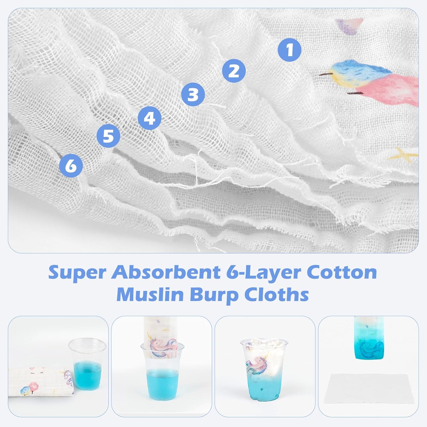 Maliton Muslin Burp Cloths for Baby Girl 6 Pack Large 20''x10'' 100% Cotton Burp Rags Absorbent and Soft 6 Layers Muslin Cloth Baby Boy Newborn Essentials Must Haves(Fairy Tale, Pack of 6) - Image 2