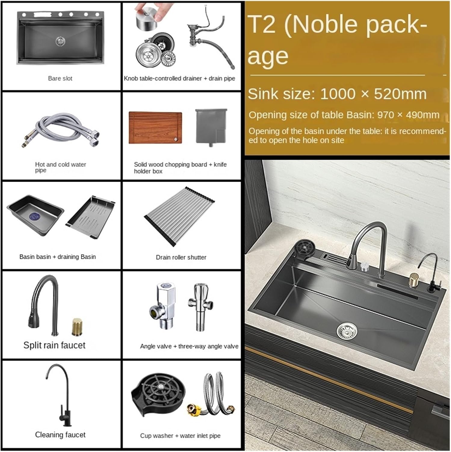 Kitchen Sink 304 Stainless Steel Large Single Slot Hidden Waterfall Faucet Rapid Drainage Design Double Step Slide Rail Sink(10052 T2)