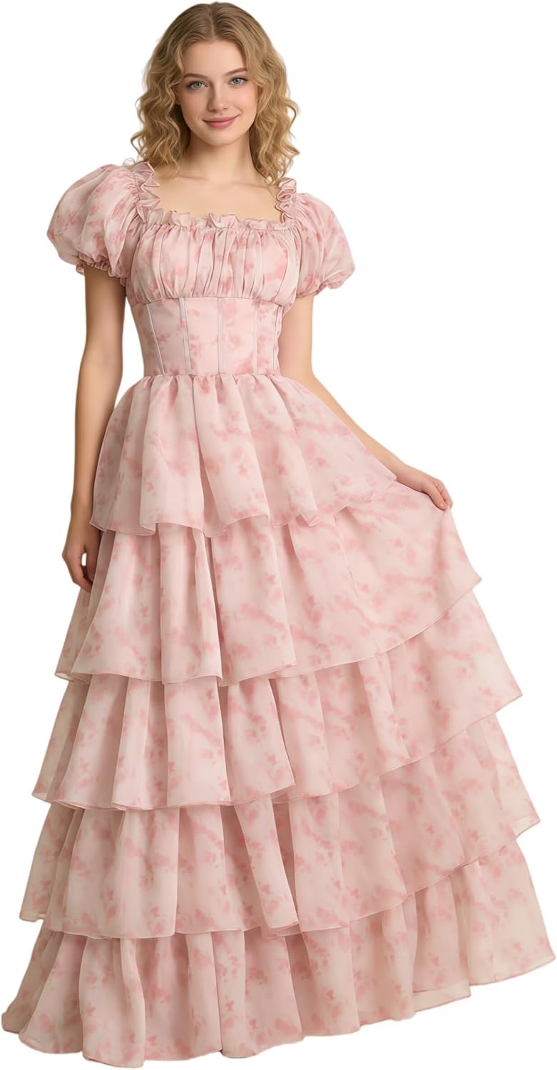 Dydsz Floral Print Tiered Prom Dresses for Women A Line Puffy Formal Party Gown Homecoming Dresses with Corset