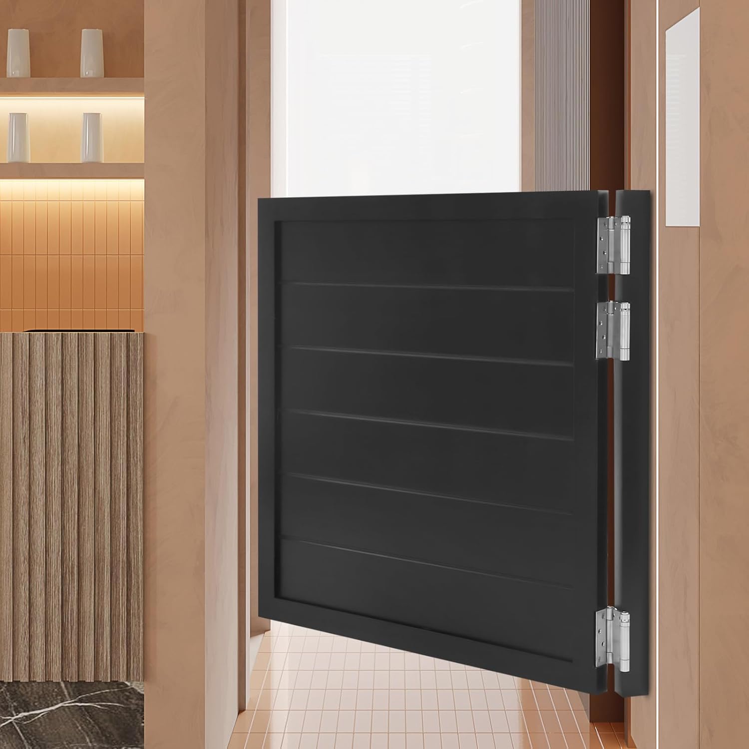 Undercat Swinging Door Solid Wood Cafe Door with 3 Spring Hinges, Saloon Door for Hallway Kitchen Bar Pub Entrance Partition (35.4x35.4in), Black