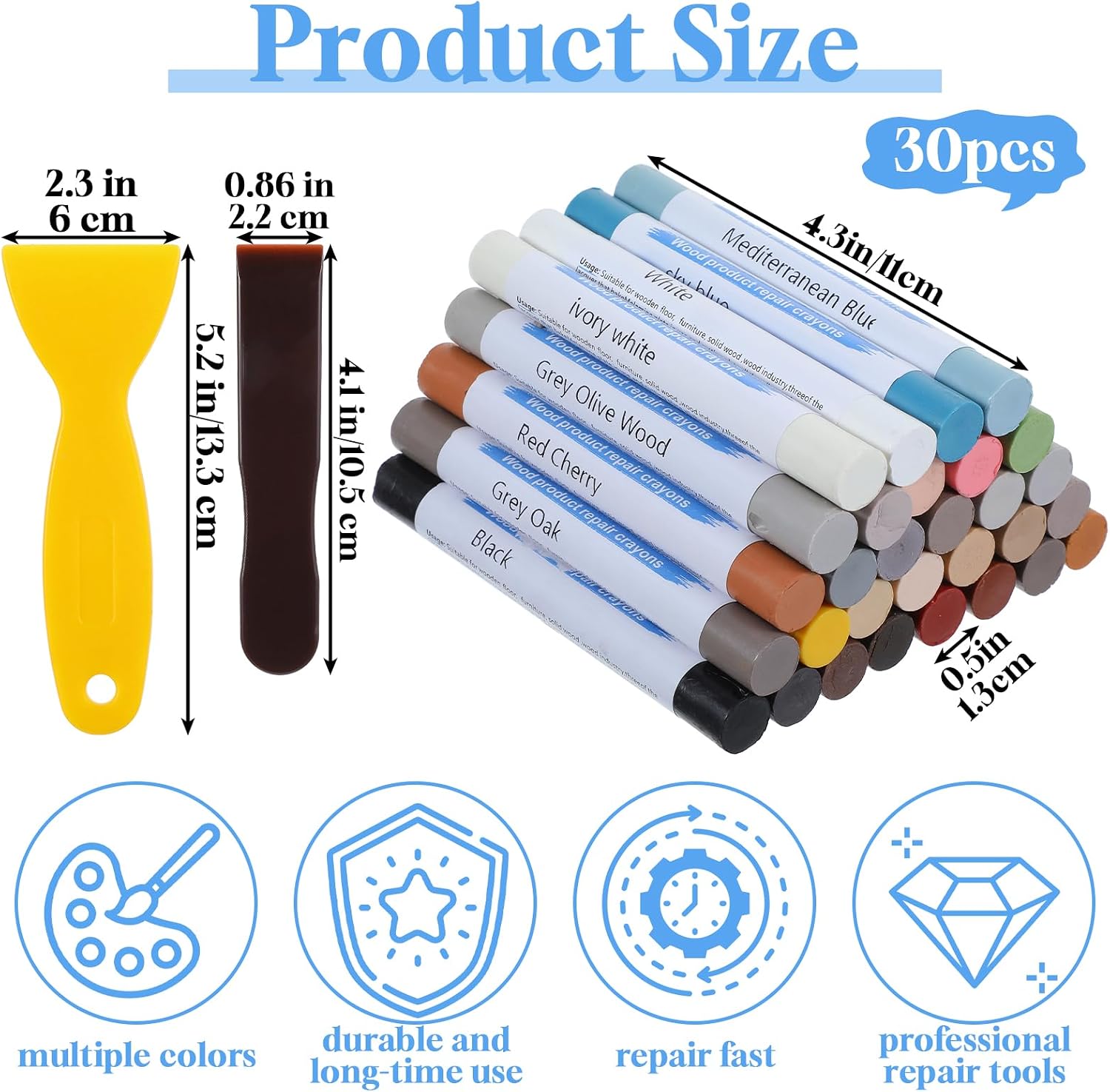 30 Colored Wood Filler Sticks, Wood Filler Putty Stick Kit with 2 Scrapers, 30 Colors Wax Crayons for Furniture Repair, Scratch Cover for Baseboard Cabinets Floors Tables Doors