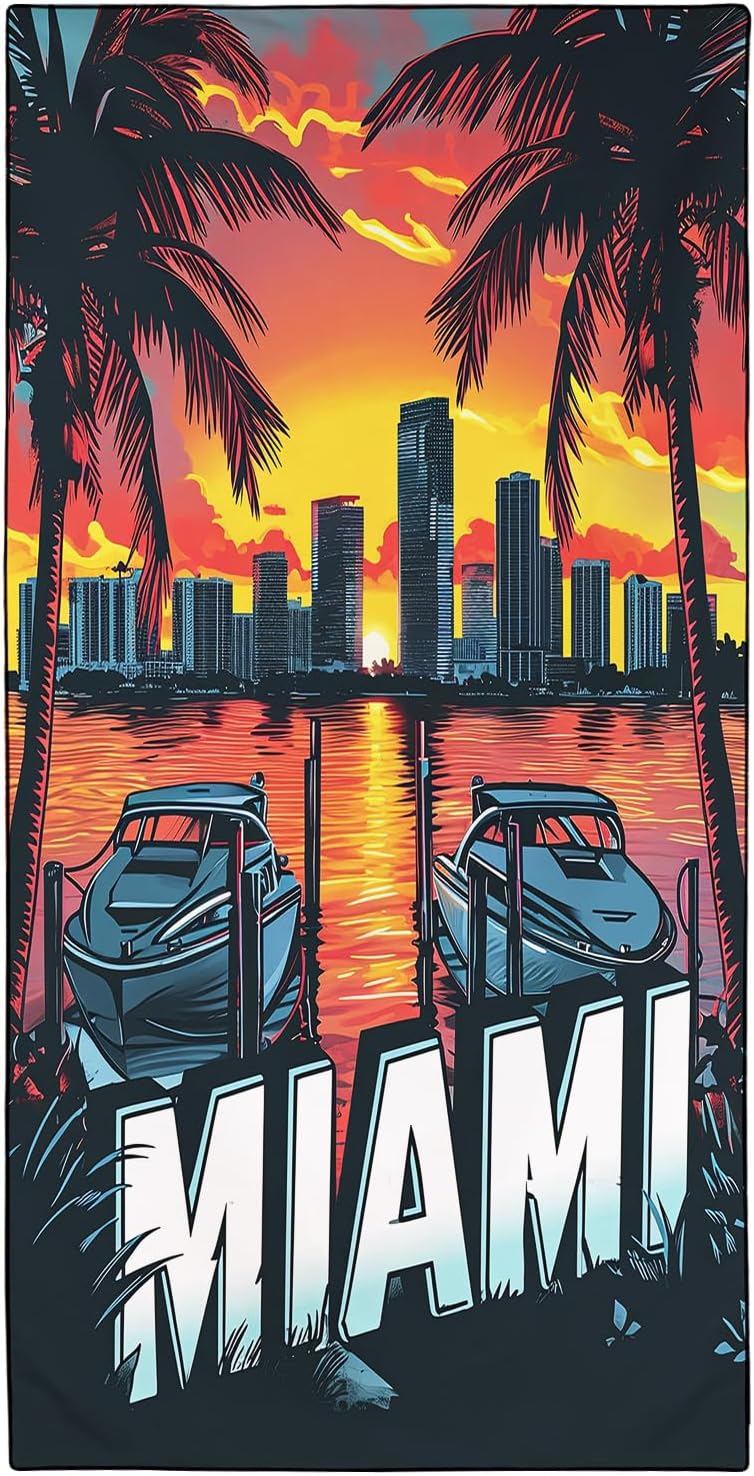 Sunset Palms Miami Beach Towel Oversized 36"x72" Quick Dry Microfiber Towels Pool Accessories Cruise Essentials Vacation Gifts Summer Must Haves for Swimming Camping Travel