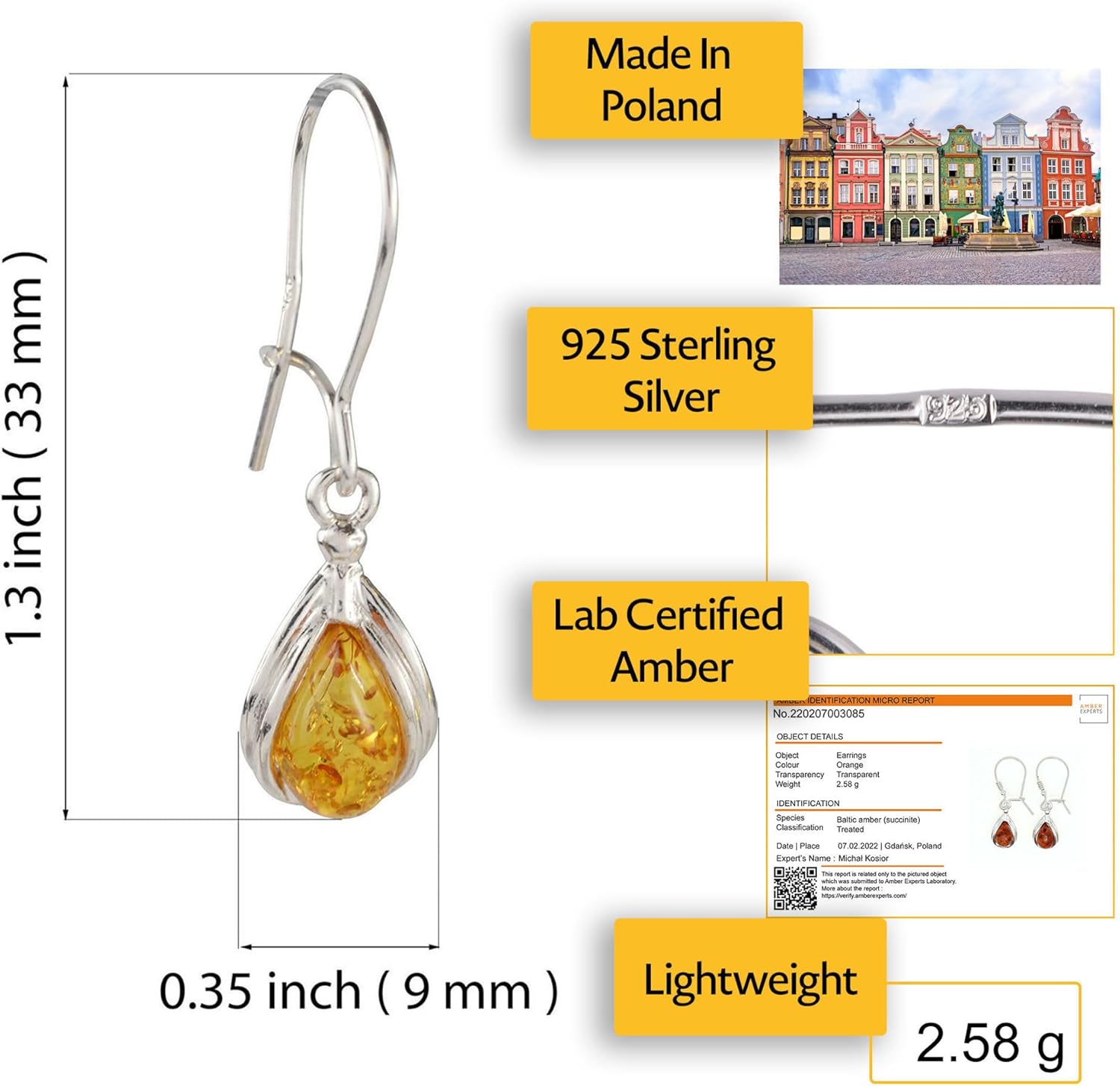 Amber Earrings - Baltic Amber Pear Shaped Earrings - Sterling Silver Jewelry Collection