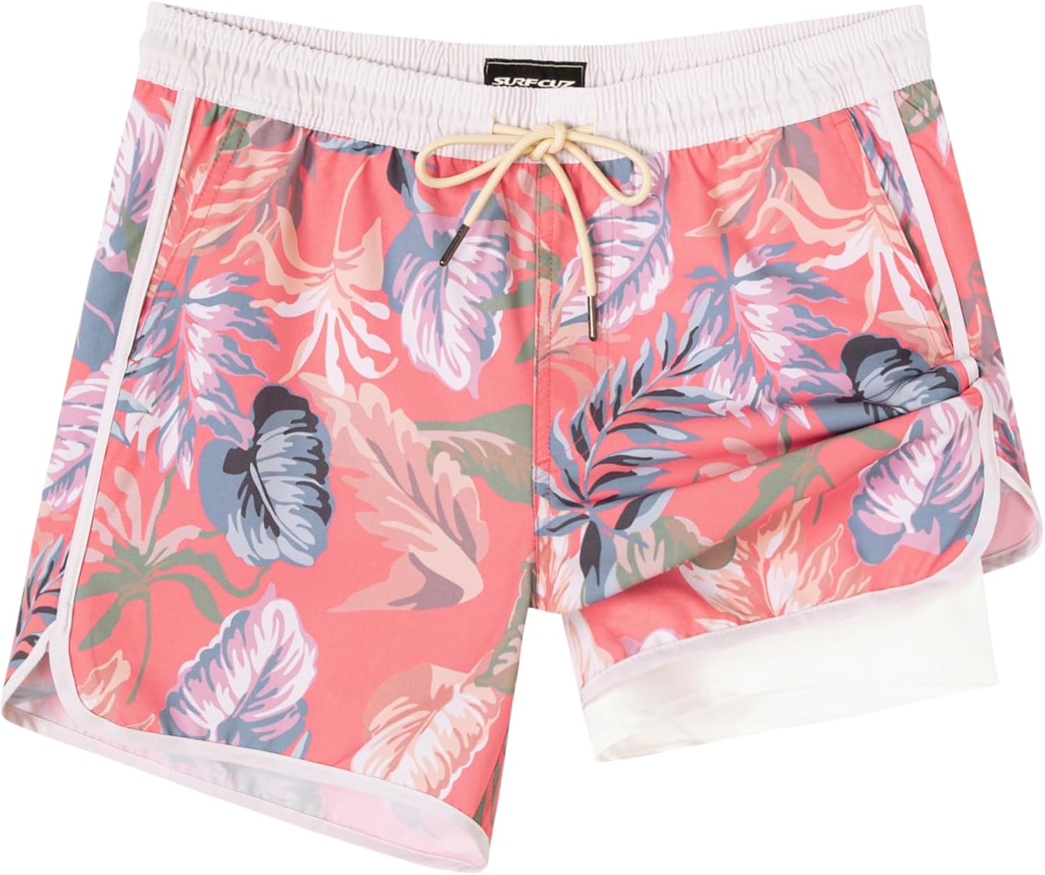 SURF CUZ Mens Swim Trunks with Compression Liner 5" Swimming Trunks 5 Inch Retro Swim Shorts Bathing Suits,Aloha,XS