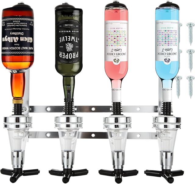 AHUNTTER 4 Bottle Optics for Spirits Bar Butler Wall Mounted Bottle Bracket Alcohol Wine Upside Down Drink Dispenser Stand Rack for Home Pub or Kitchen Bar, 30ml Optic Spirit Barware Set