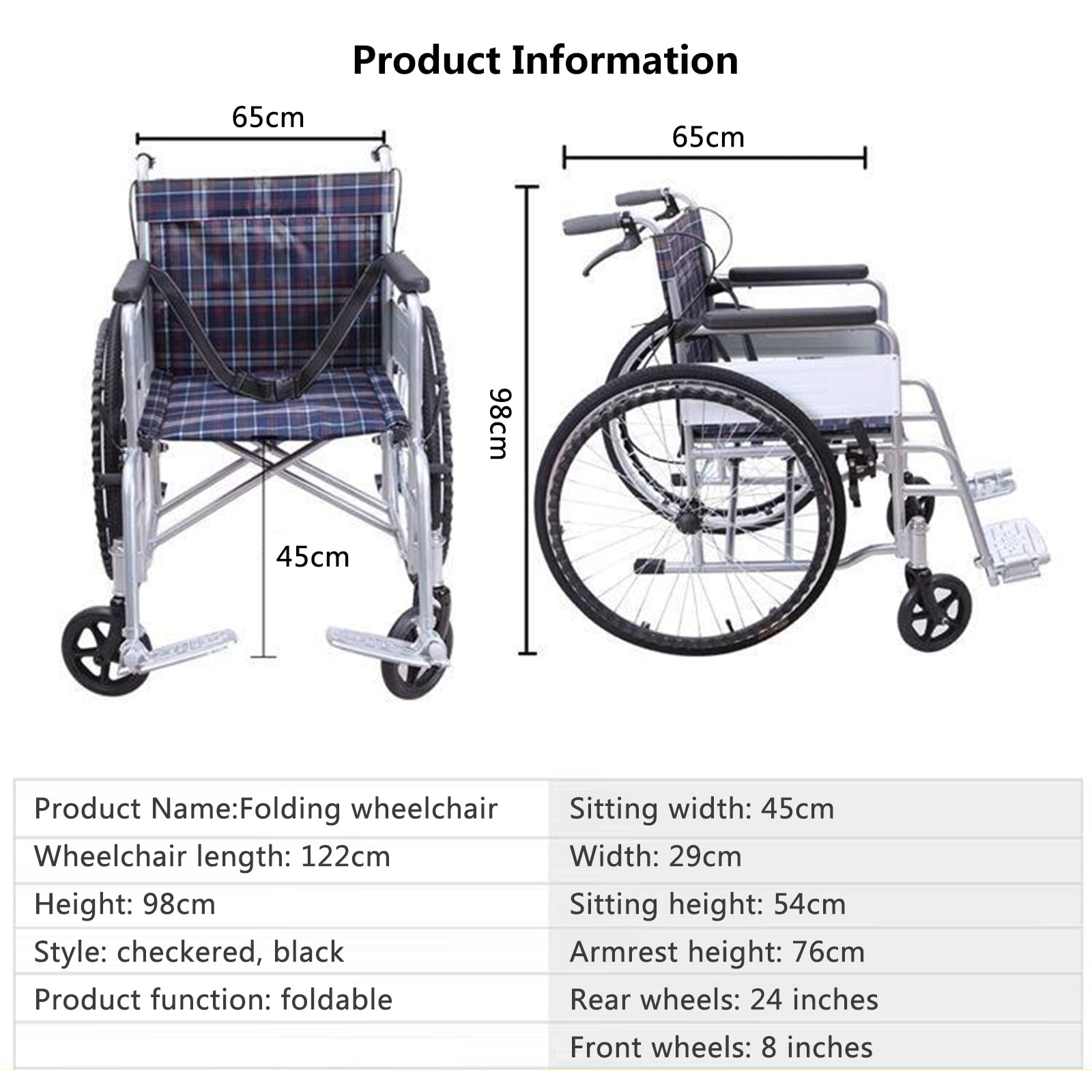 Silla de Ruedas Manual Ligera,Silla de Ruedas de Transporte Plegable Ligera con Freno de Mano/Black