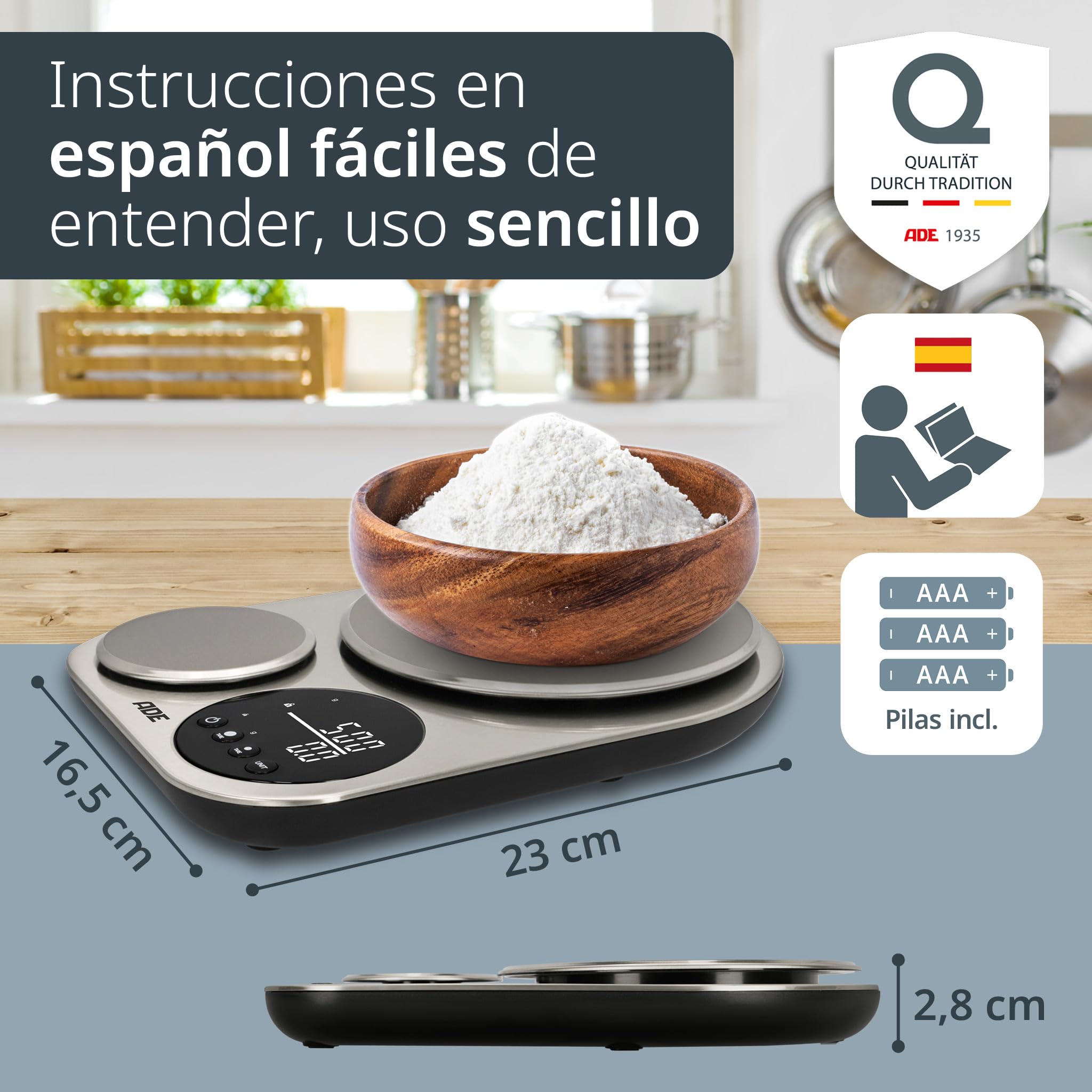 ADE Bascula de cocina digital con 2 plataformas 5kg/1g & 500g/0,1g | balanza de precisión exacta hasta 0,1g | balanza fina para la cocina | perfecta como balanza de café o para pan | 5 kg de capacidad