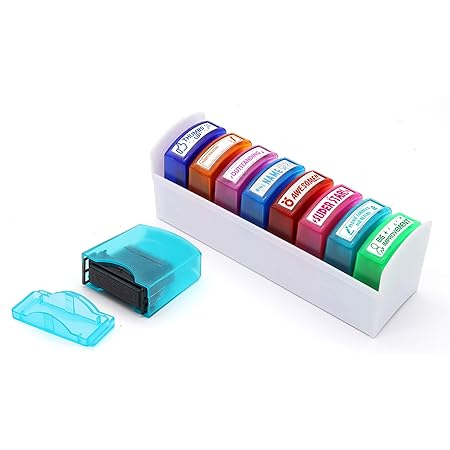 Reliancer 8PCS Teacher Stamp Set Colorful Self-Inking Motivation School Grading Stamps Encouraging Comments Classroom Homework Rating Stamp Office Stationery Stamps with Storage Tray (8PCS-B)