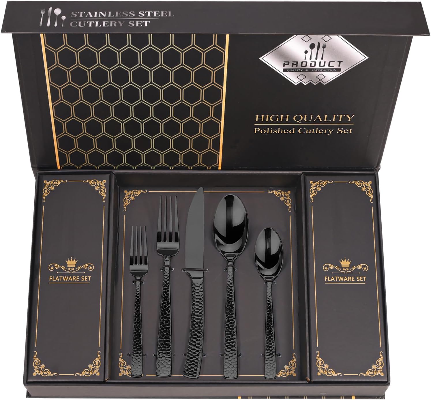 Hammered Black Silverware Set With Gift Box For 8 Cutlery Set Utensils Stainless Steel Flatware 40 Pieces MIKIWAY Luxury Kitchen Tableware Set For Gifts Festive, Dishwasher Safe, Mirror Polishing