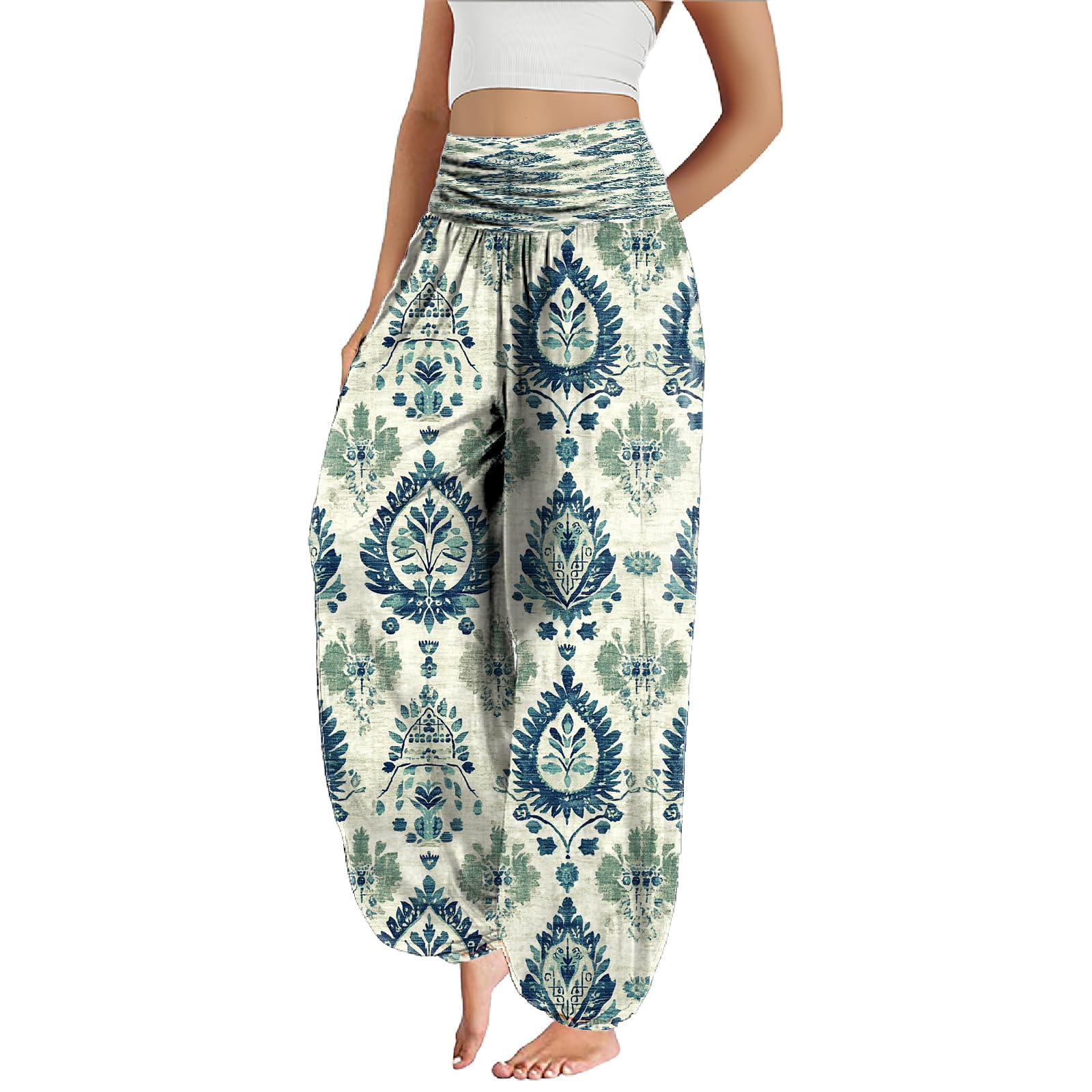 domirica Beach Pants for Women Floral Oversized Cotton Casual Yoga Knee Length Capri Summer Soft High Waist Casual Pants