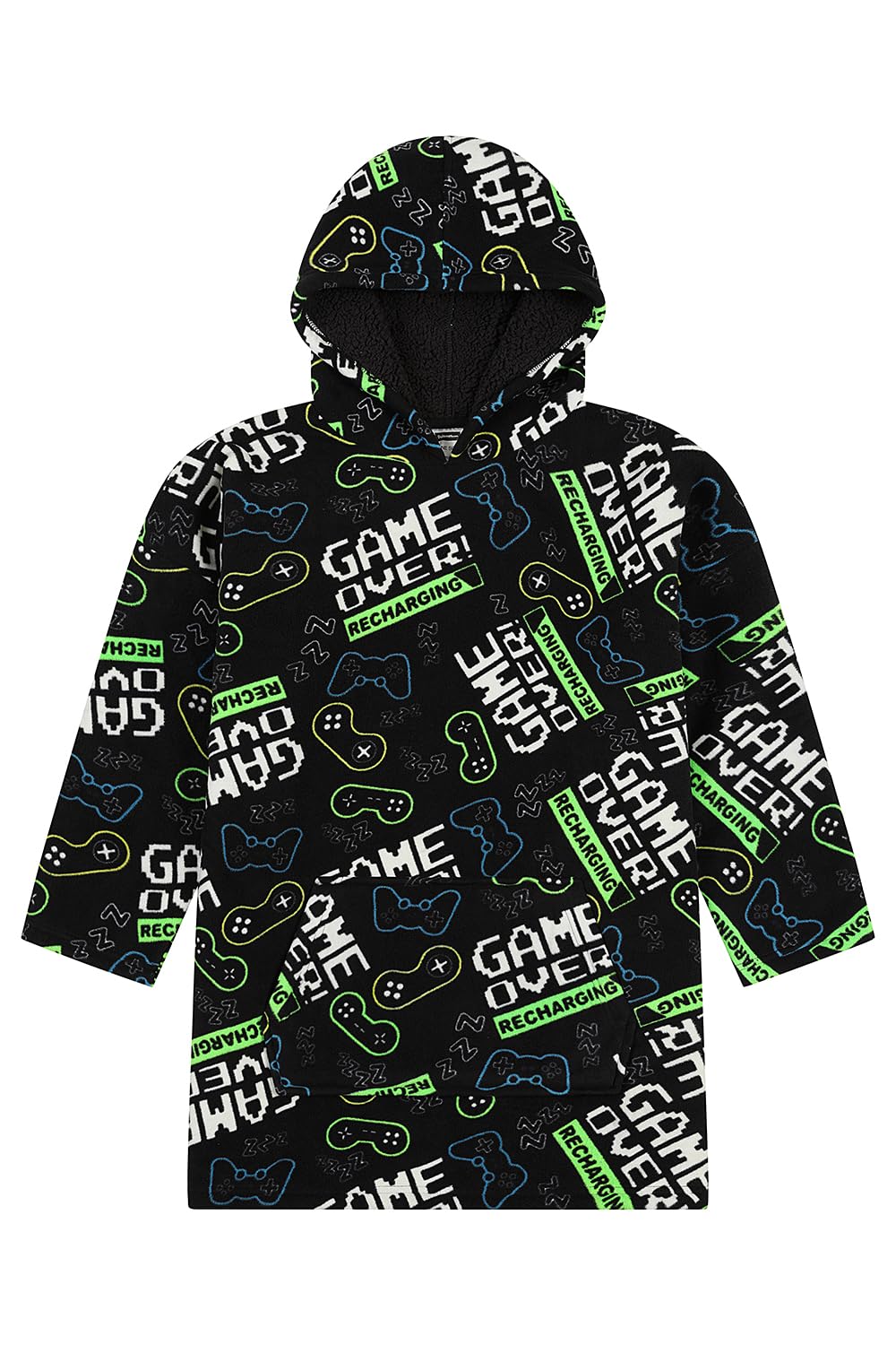 ThePyjamaFactory Boys Game Over Fully Lined Luxury Gaming Fleece Hoodie, Oversized Fleece Blanket Hoody For Kids Black