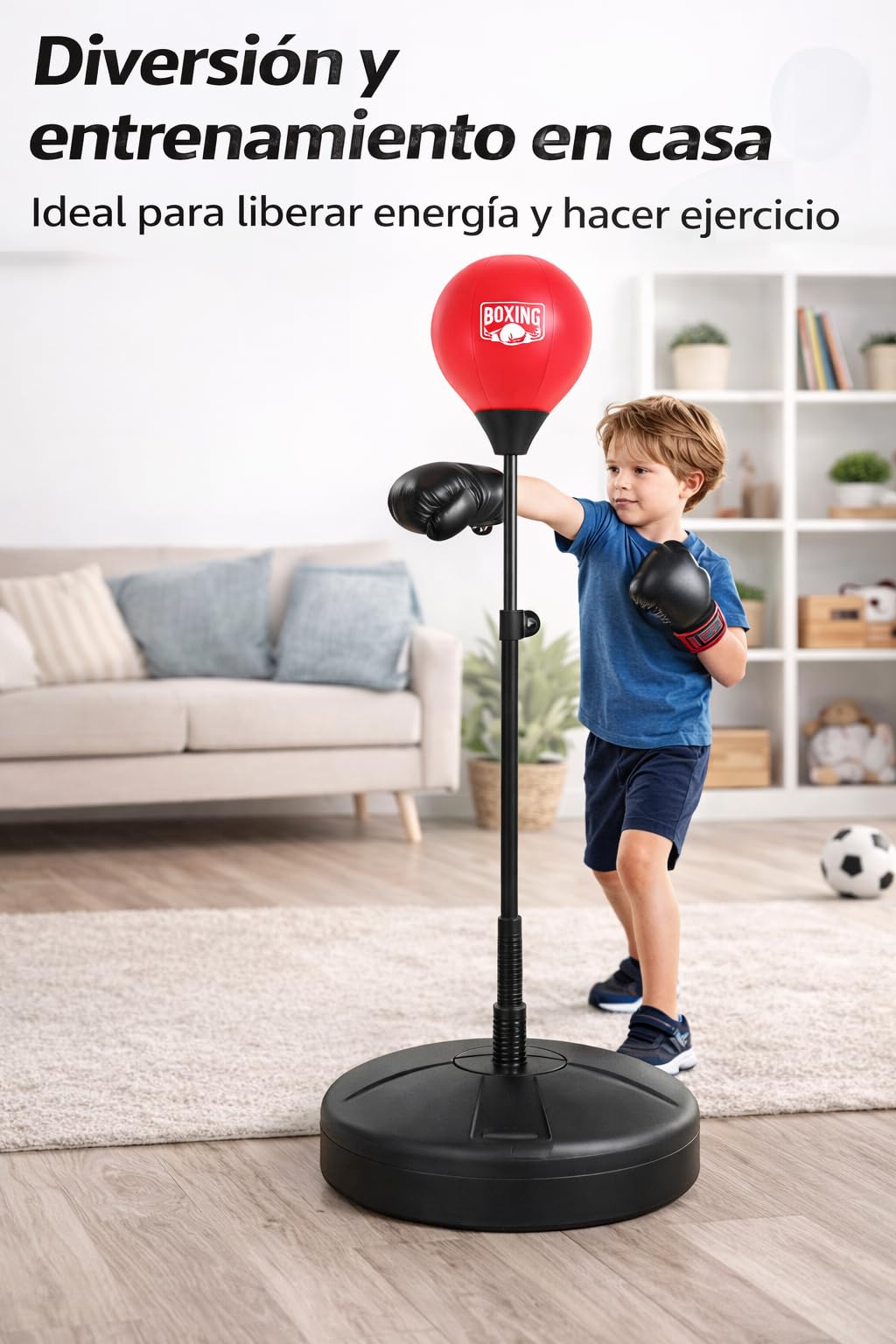 DEVESSPORT Punching Ball Infantil Rojo | Altura Ajustable de 1,26 a 1,46 m, con Guantes de Boxeo y Base Rellenable – Juego de Boxeo para Niños a Partir de 5 Años