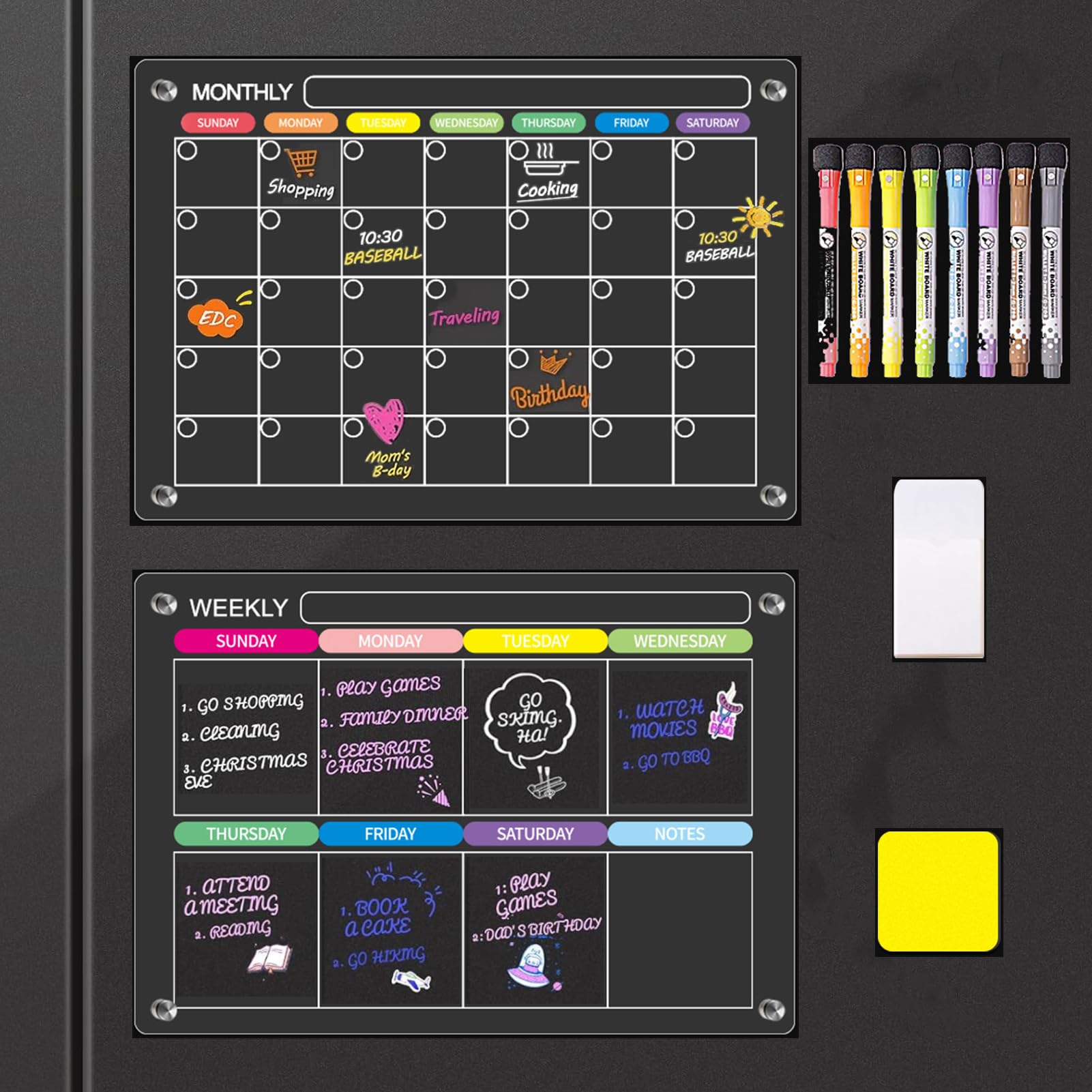 NOGOO Acrylic Magnetic Monthly and Weekly Calendar for Fridge, 2 Pack Clear Fridge Calendar Dry Erase Magnetic Planning Boards Set, Includes 6 Colorful Highlight Markers,magnetic Pen Holder and Erase