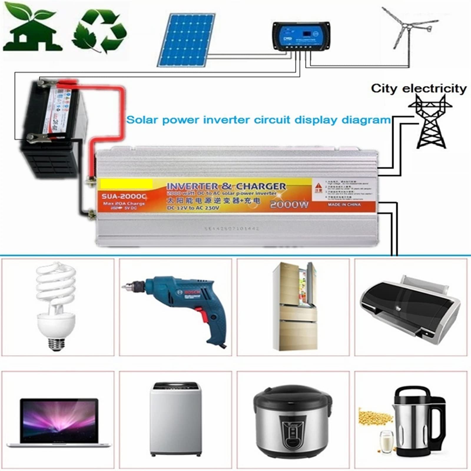 Inversor híbrido de 12v, inversor de energía Solar, cargador, transformador de voltaje, USB 500W, 1000W, 2000W, Adaptador convertidor for el hogar(12V 2000W)