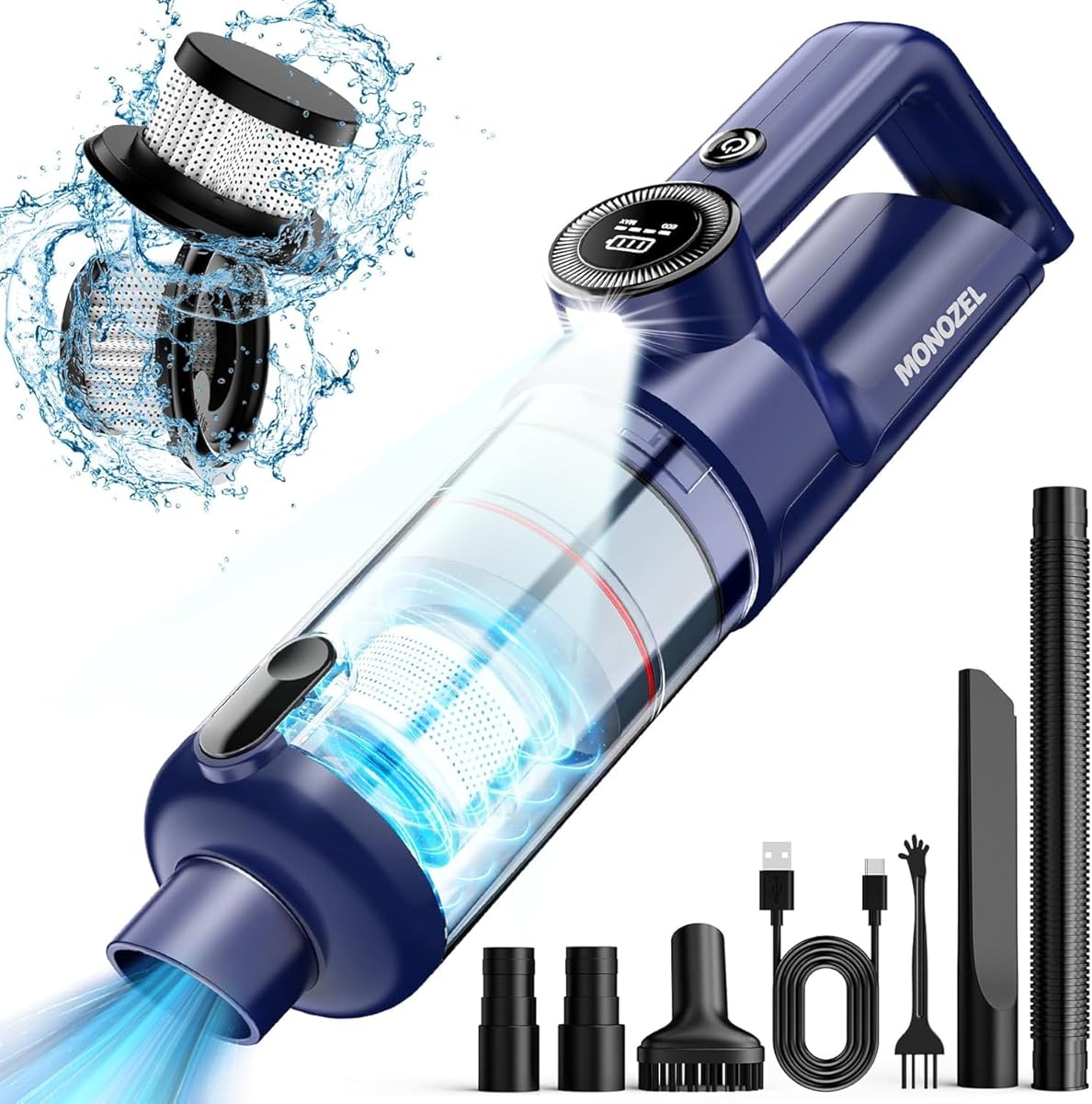 Amazon.com - MONOZEL Handheld Vacuum Cordless - Car Vacuum Cleaner with Brushless Motor, 15000Pa Powerful Suction with LED Light, Type C Cable, 2 Fliters, Portable Hand Vacuum for Home, Car, and Office