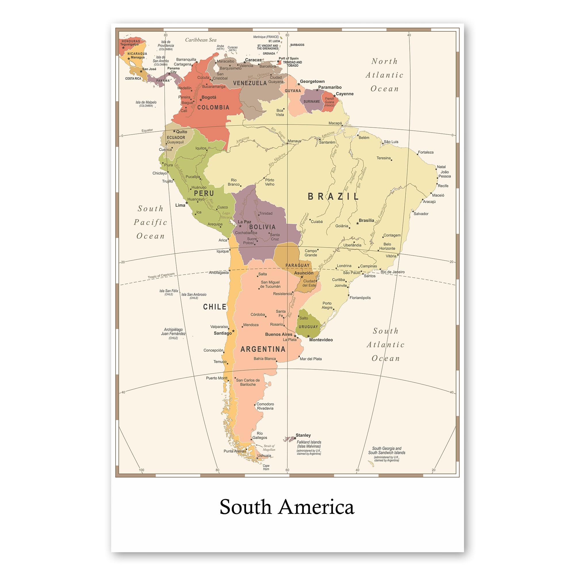 Postereck - 4138 - South America Map: Country Borders & Cities – Educational Wall Art Print, Classroom Decor - 40 x 30 in
