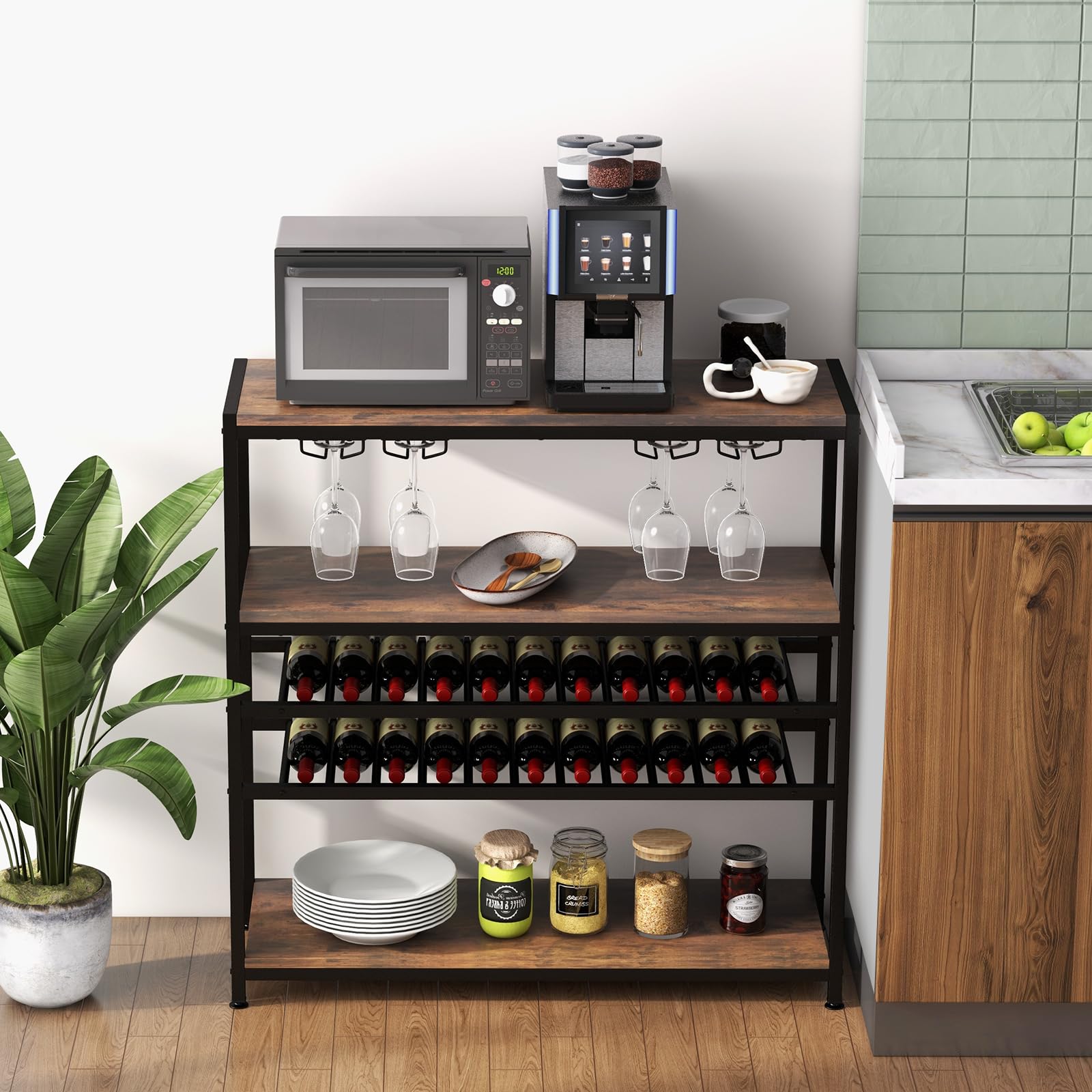 KOMFOTTEU Mueble Bar de 5 Niveles, Armario de Vino con Botellero para 22 Botellas y Portavasos para 20 Copas, Estantería de Almacenamiento para Cocina, Comedor, 100 x 35 x 101 cm