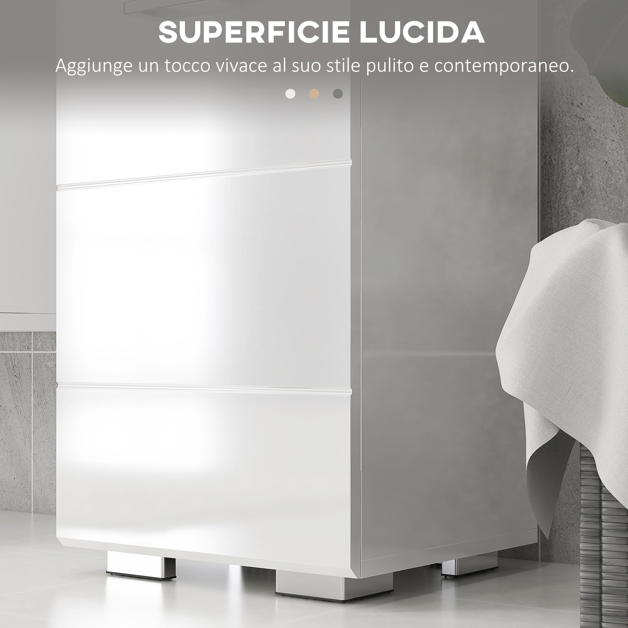 kleankin Colonna Bagno Salvaspzio in MDF, 37x32.5x170 cm Bianco Lucido | Mobile da Bagno, Ripiano Aperto, Cassetto, Armadietto Chiuso