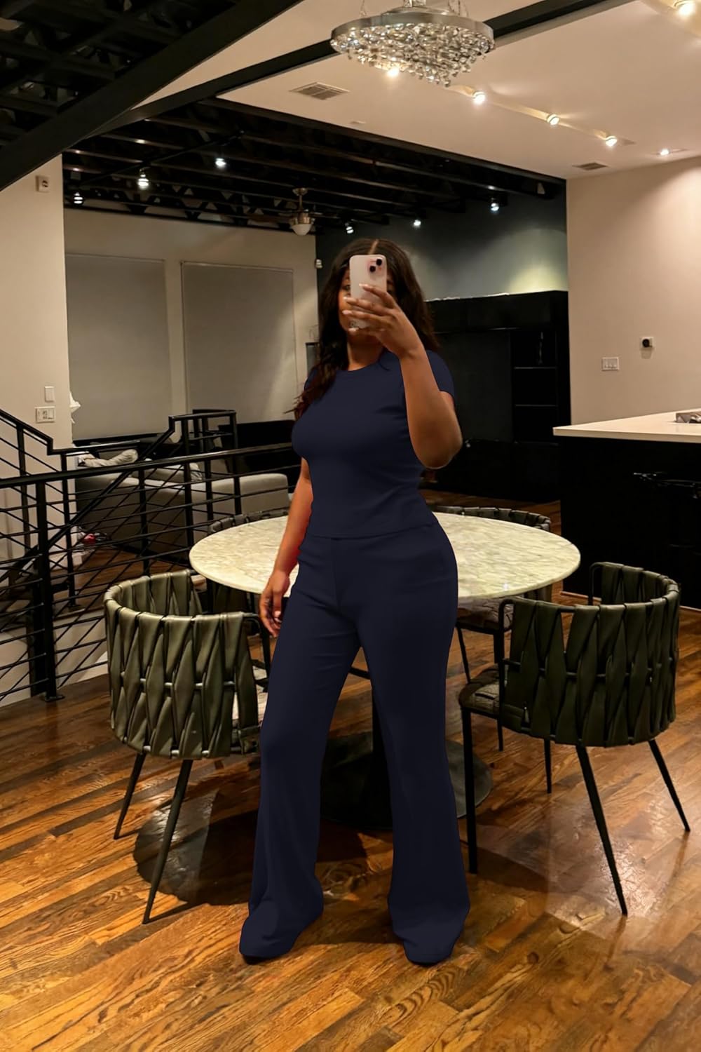 HBQ Women Two Piece Outfit Ribbed Short Sleeve V Neck Polo Top and Flare Pants Casual Lounge Sets Tracksuit - Image 4