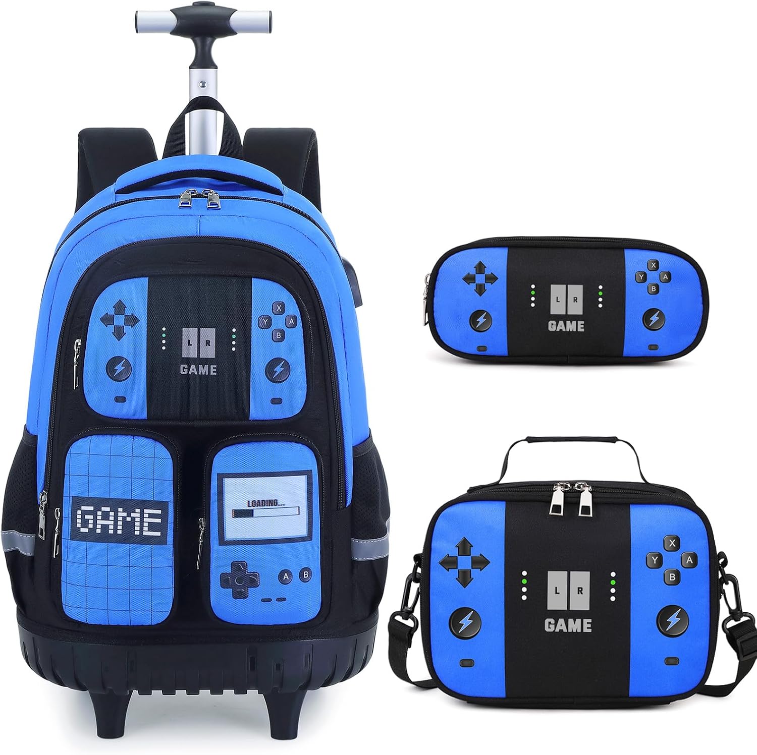 3PCS Gamer Boys Rolling Backpack with Lunch Box & Pencil Pouch (Blue Black)