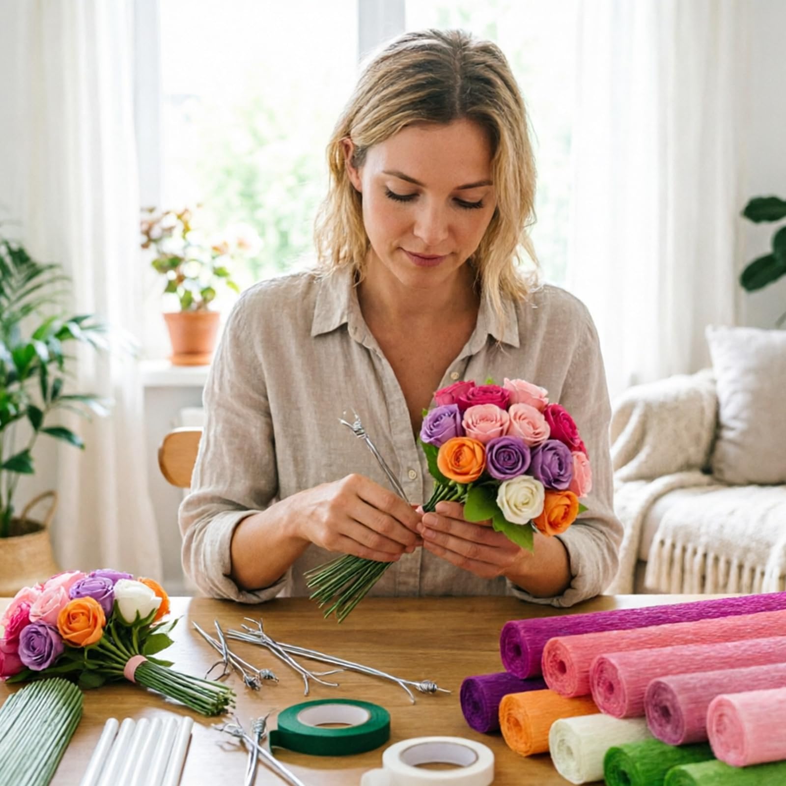 10 Rollen Krepppapier Rollen, Blumen Bastelset für handgefertigte Blumen mit komplettem Zubehör, einschließlich Draht und Klebeband Set Basteln von Papierblumen