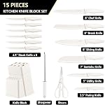 E-far Knife Set with Block, 15 Pieces Kitchen Knife Block Set with Sharpener, High Carbon Stainless Steel Sharp Chef Knife Set with Ergonomic Handles, Anti Rust, White