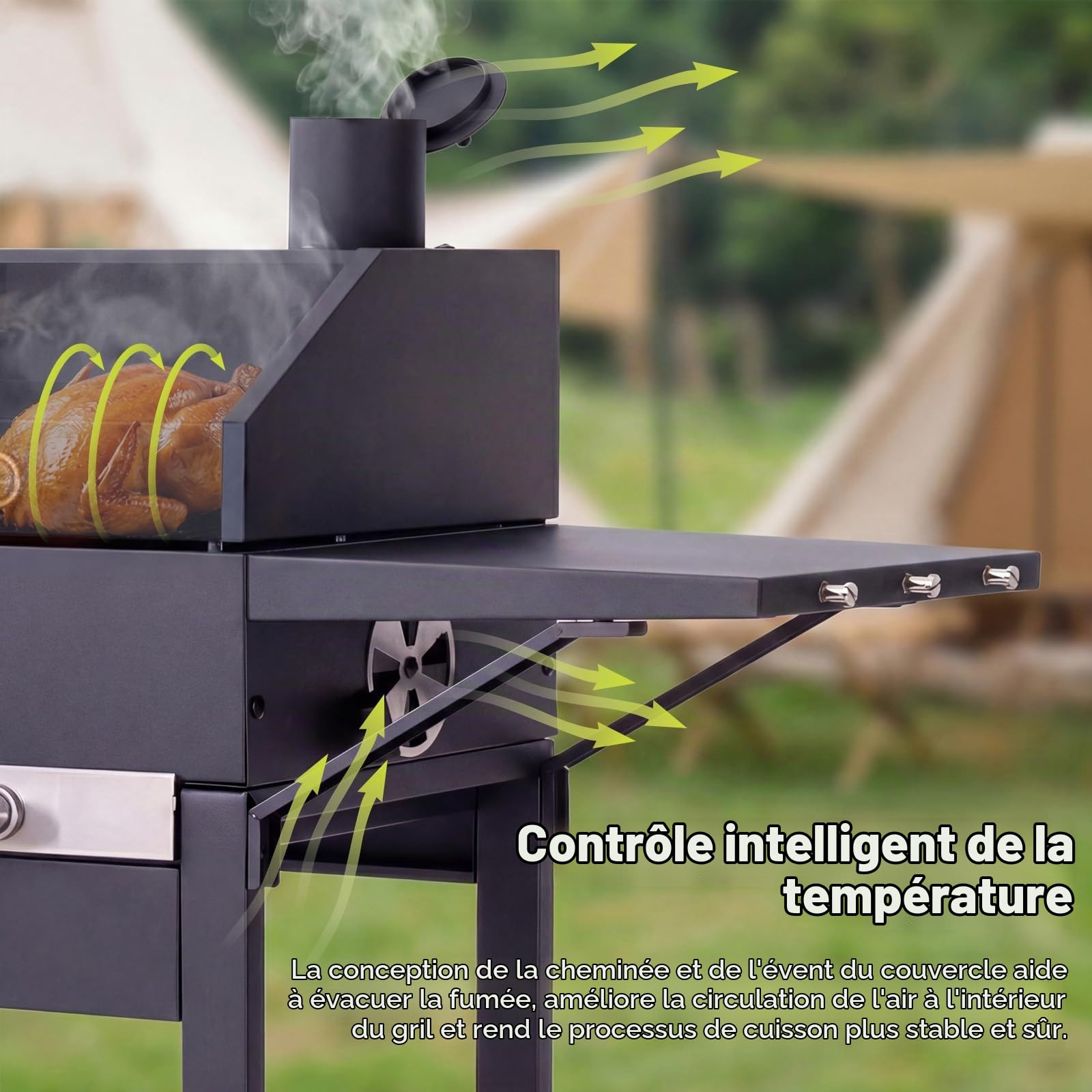 Barbecue charbon avec couvercle, Grill 2 en 1 sur pied et table, Compact pour balcon et jardin, Thermomètre intégré, Grille maintien au chaud, Facile à déplacer