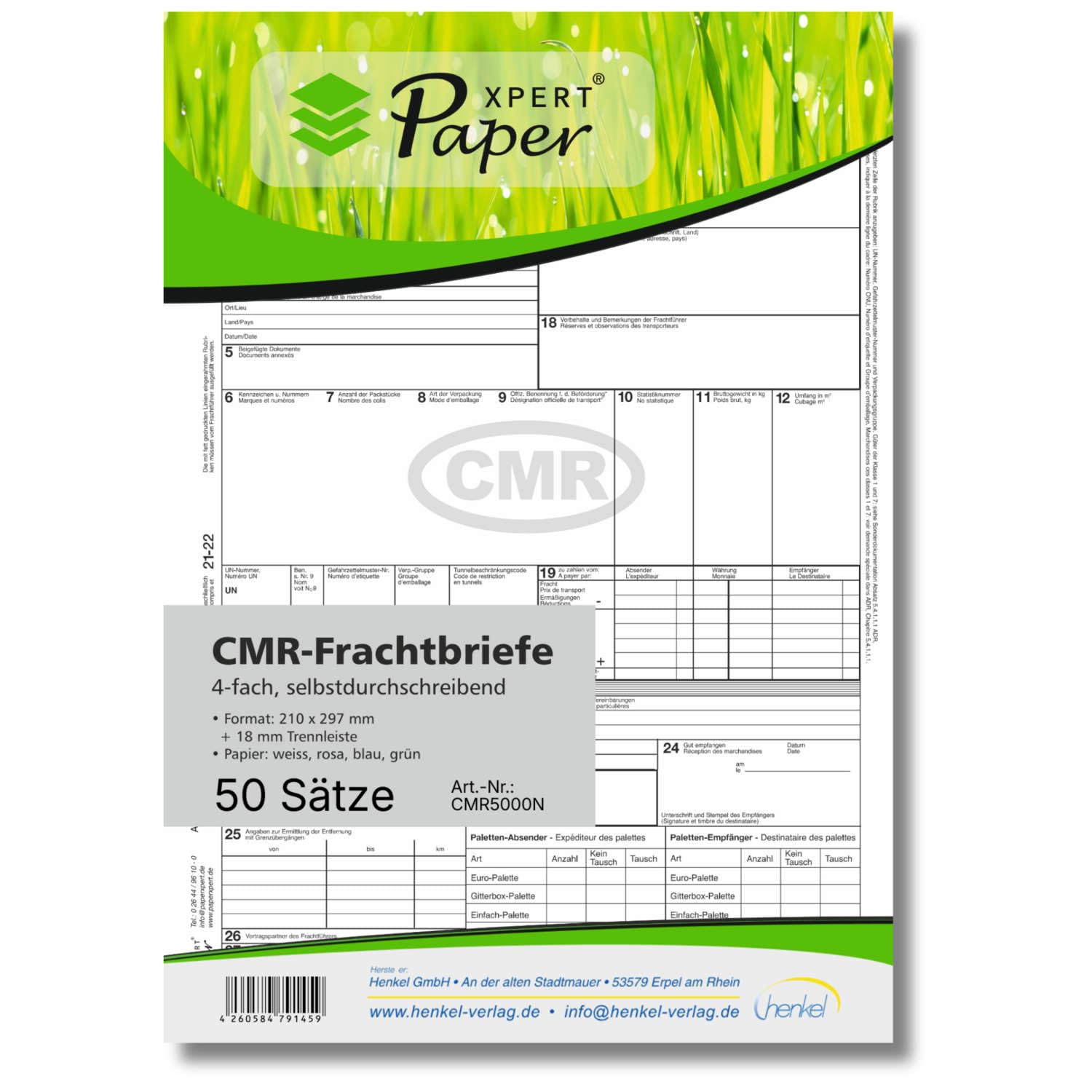 CMR Lot de 50 lettres de fret autocopiantes 4 voies pour le transport international de marchandises - Qualité supérieure - Conforme à la norme ADR - Fabriqué en Allemagne