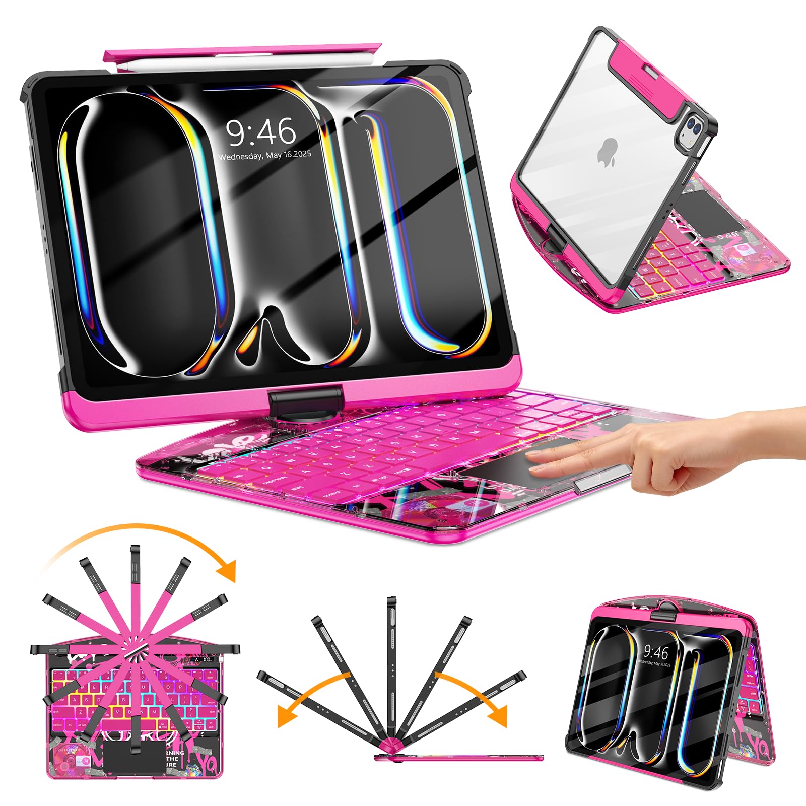 TSQQST Clear Wireless Keyboard Case for iPad Pro 11 Inch (M5/M4) 2025/2024 with Pencil Holder & Multi-Touch Trackpad, Visible PCB, 3-Brightness & 7-