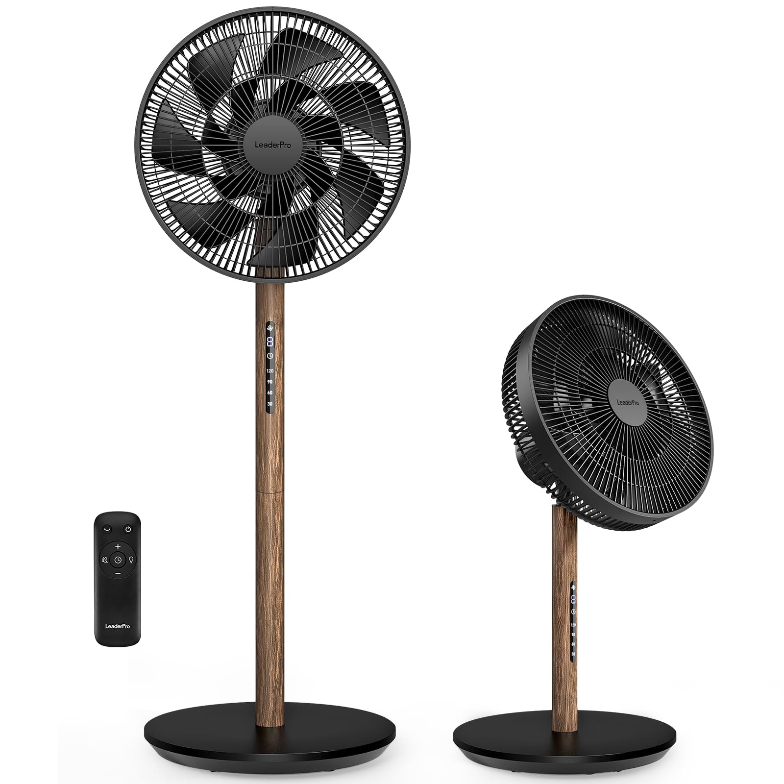LeaderPro 2in1 DC Fan with Screen,Standing Fan 3D Oscillating Pedestal Fan with Remote Control|Height Adjustable Desk Fan|8 Speed Turbo|Air Circulation|Quiet for Bedroom|24W Energy Saving,Black Walnut — image 1