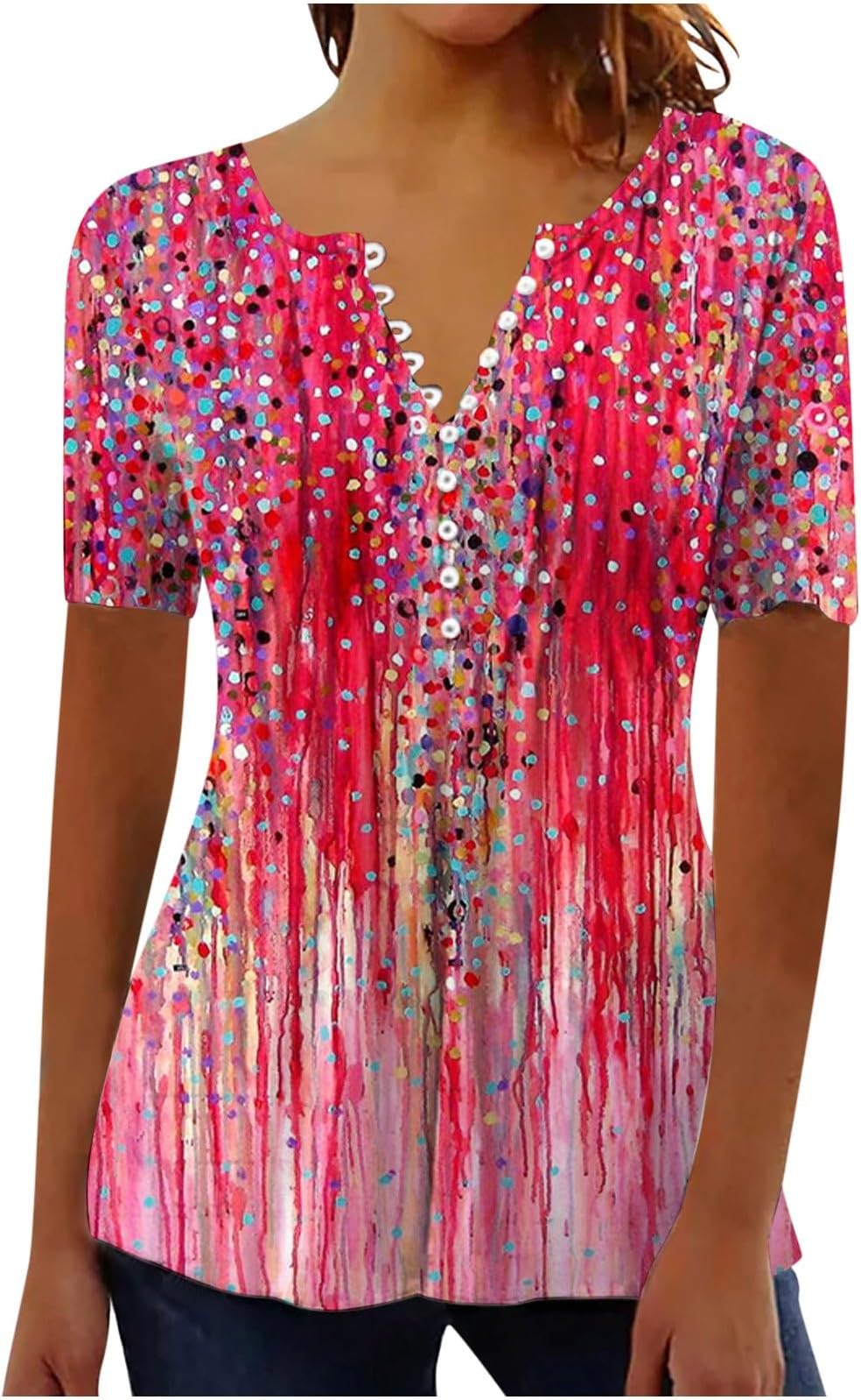 2024 Summer Short Sleeve Tops for Women UK Trendy Casual Graphic Printed Shirts Tunic Plus Size Crew Neck Bohemian Henley Neck Tees Pleated Button Tops