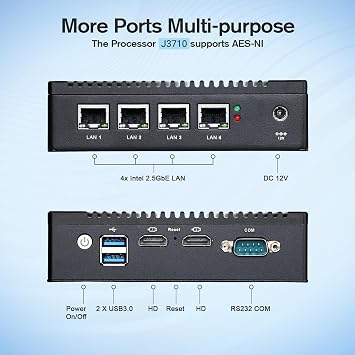 Fanless Firewall Appliance with Intel J3710 4C/4T Mini PC with 4 i226 LAN Ports Network Gateway Soft Router AES-NI Test with PFSense/OPNSense 8GB DDR3 64GB SSD