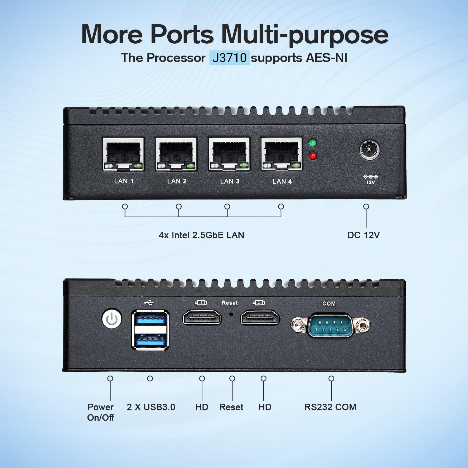 Apparecchio firewall senza ventola Intel J3710 4C/4T, mini PC con 4 porte LAN i226, gateway di rete, router software, test con P-F-Sense/OPN-SESNE, 8 GB di RAM DDR3 e SSD mSATA da 64 GB