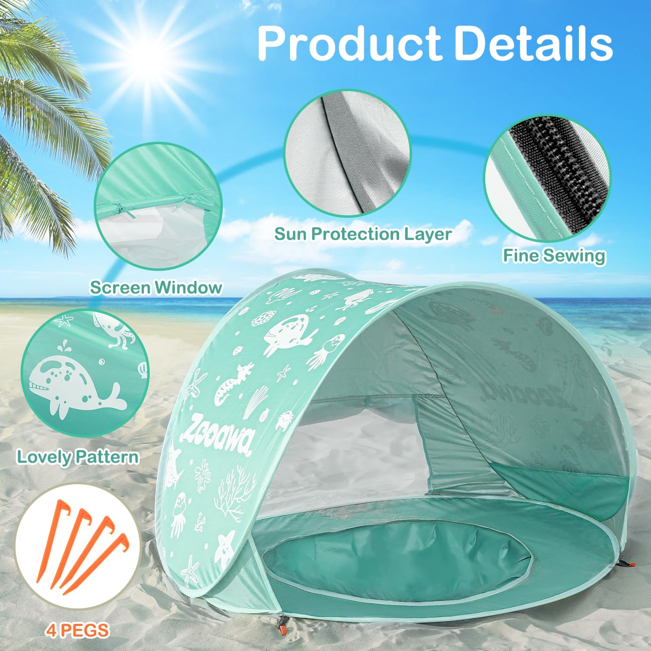 Tente Anti-UV Bébé, Grande Tente de Plage pour Bébé avec Mini-Piscine-Système Pop-Up avec Jouets, Protection Solaire FPS 50+ pour Maison, Cour, Camping, Menthe Verte