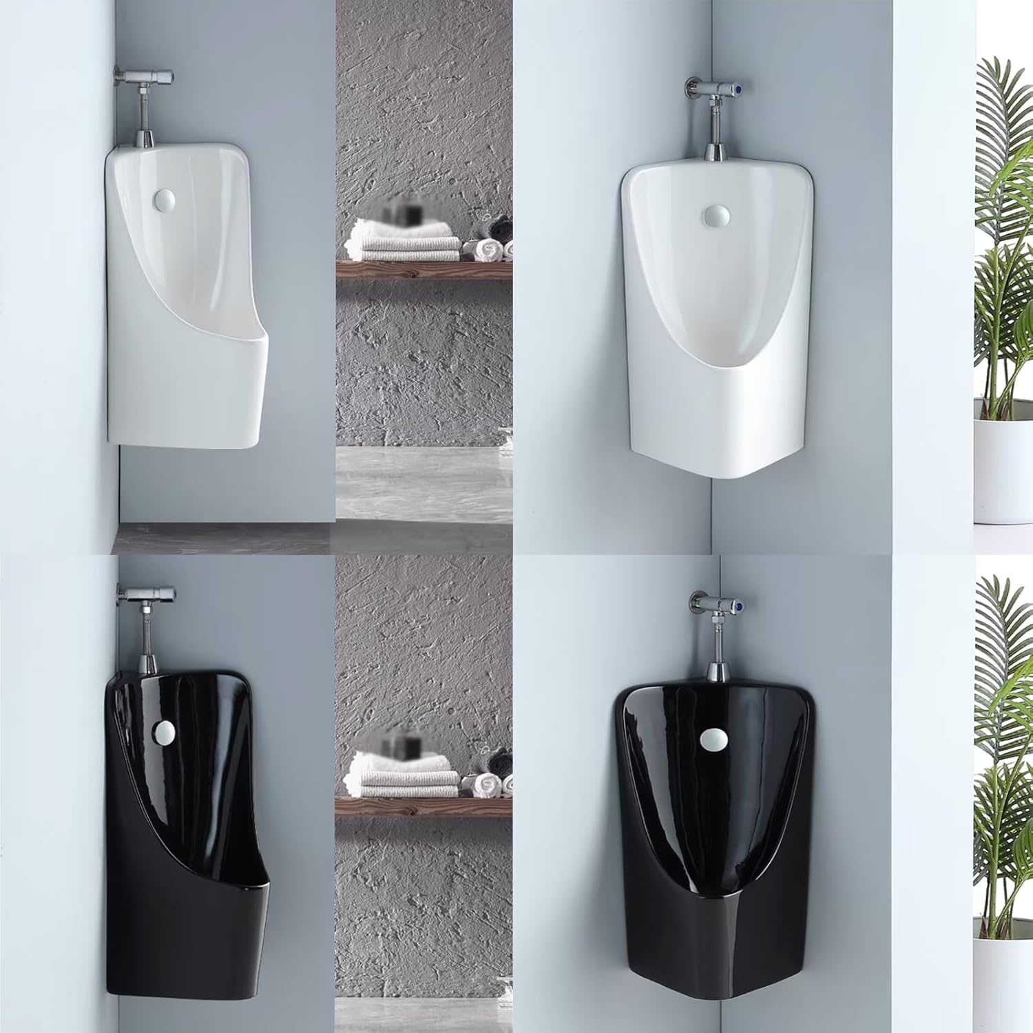 Corner Urinals for Men Bathroom，Ceramic Men's Urinal Triangular Full-Wall-Mounted，with Flush Valve & Drainage Kit, Male Urinal Easy Clean and Install(Black)
